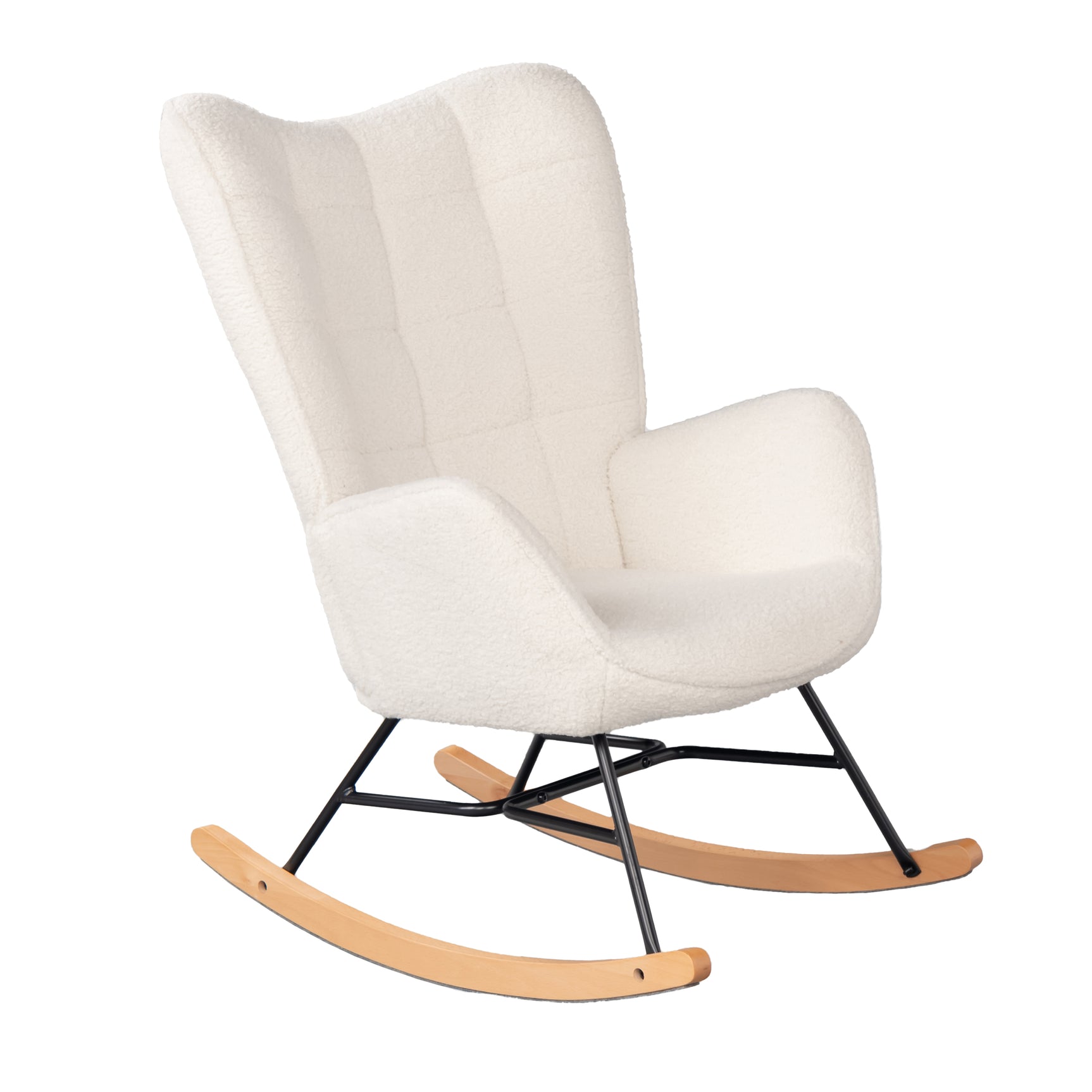 Scandinavian nursing rocking chair with armrests in beige sheepskin fabric with stitching - FUNKEL