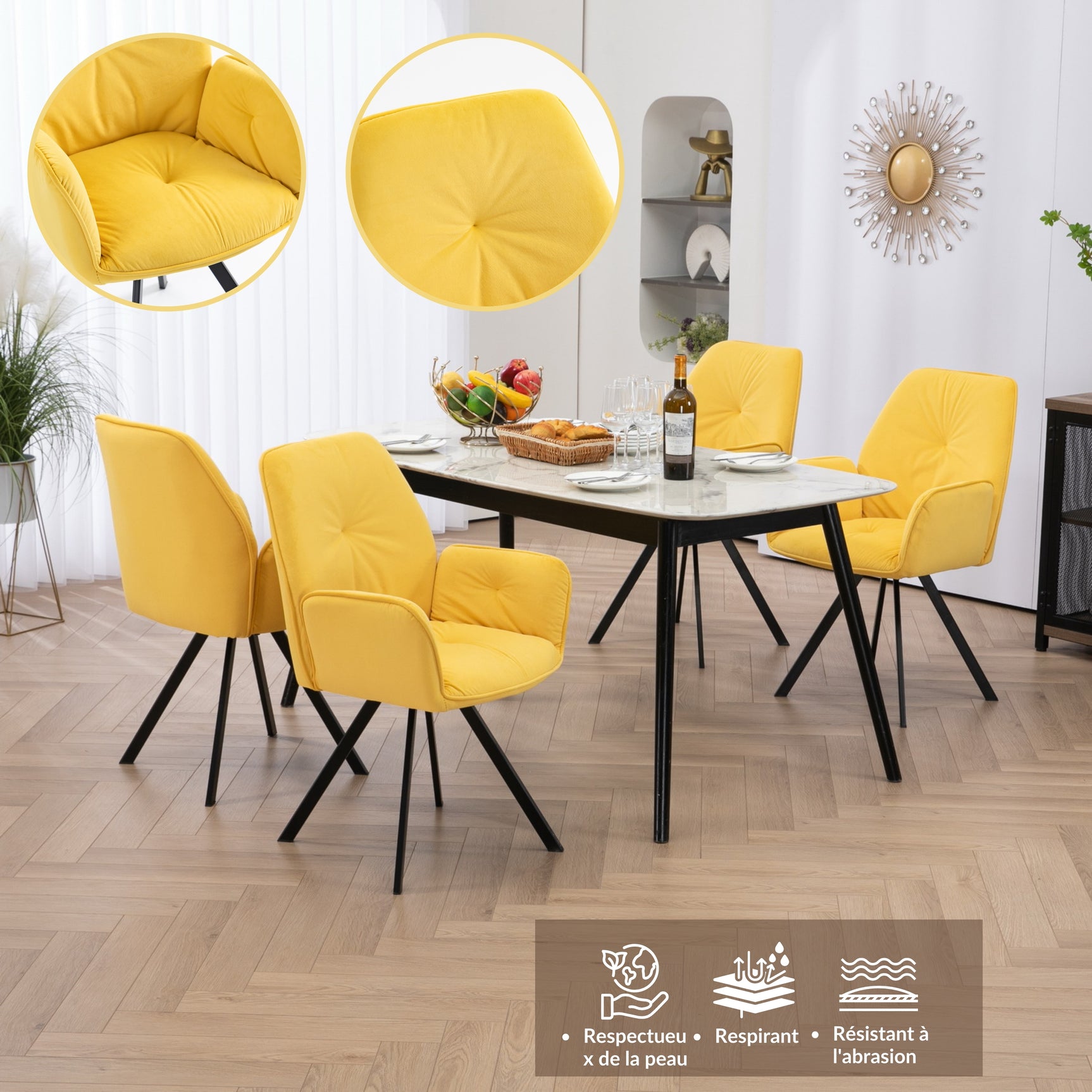 Set of 2 comfortable yellow fabric dining chairs with armrests - CALF YELLOW