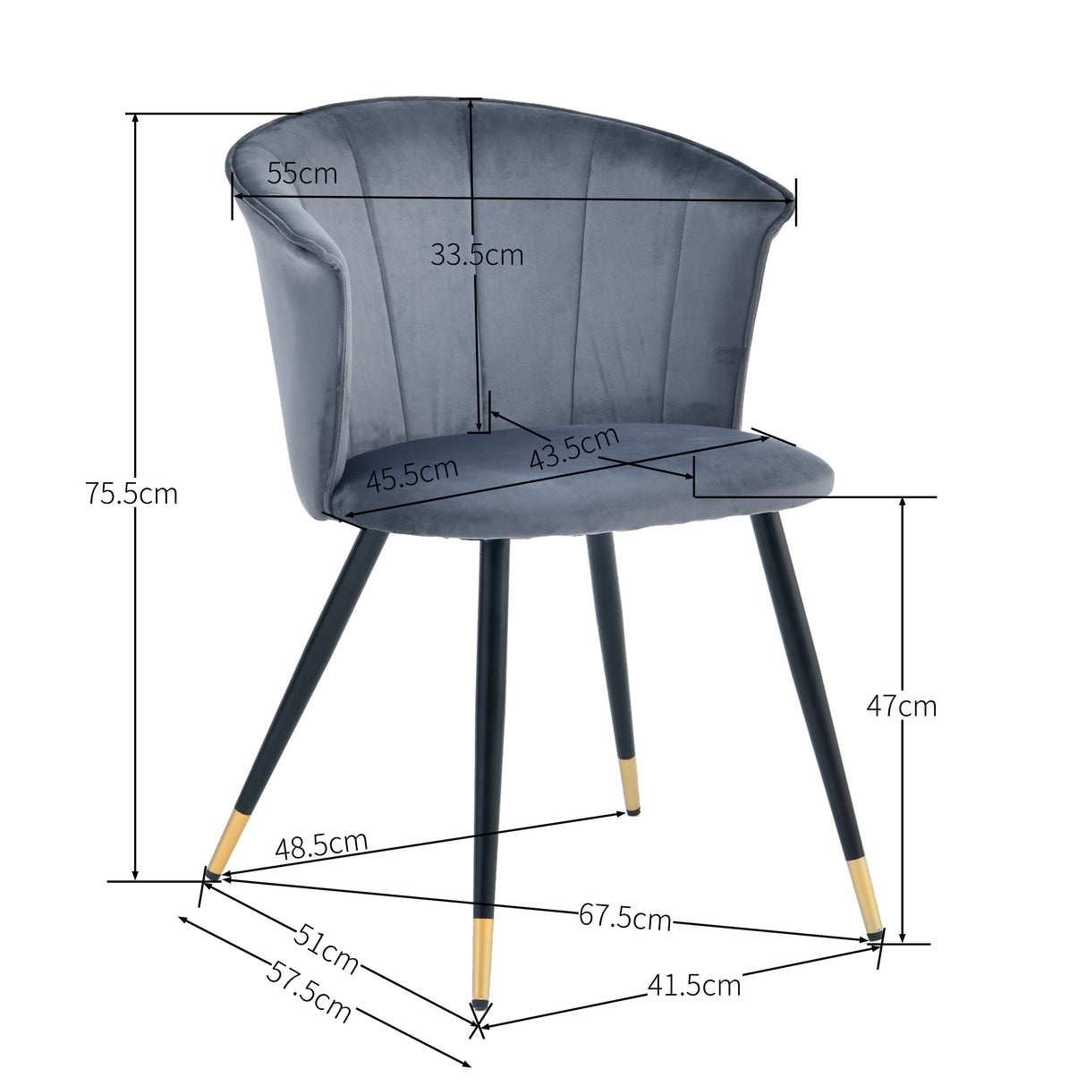 Set aus 2 Retro-Esszimmerstühlen aus grauem Samt und schwarzen und goldenen Metallbeinen – DONCIC DINING CHAIR GERY BG