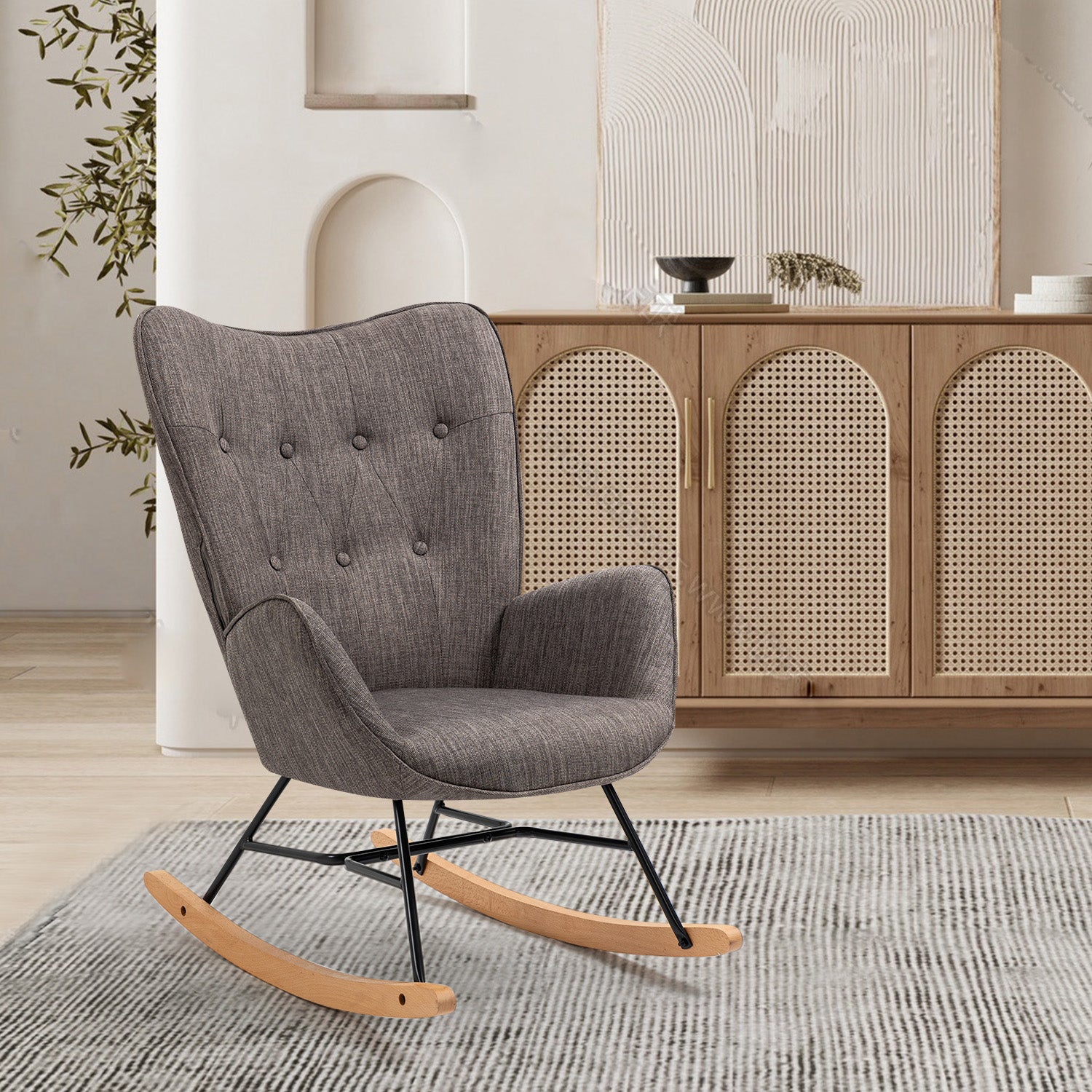 Fauteuil à bascule allaitement scandinave avec accoudoirs en tissu gris foncé capitonné - EPPING