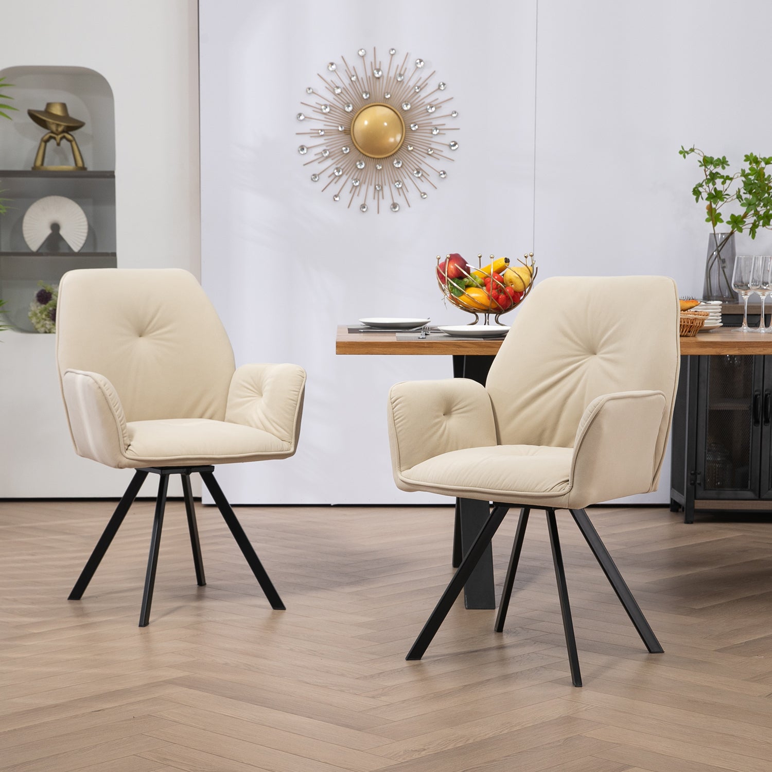 Set of 2 modern dining chairs swiveling in beige fabric with armrests - calf