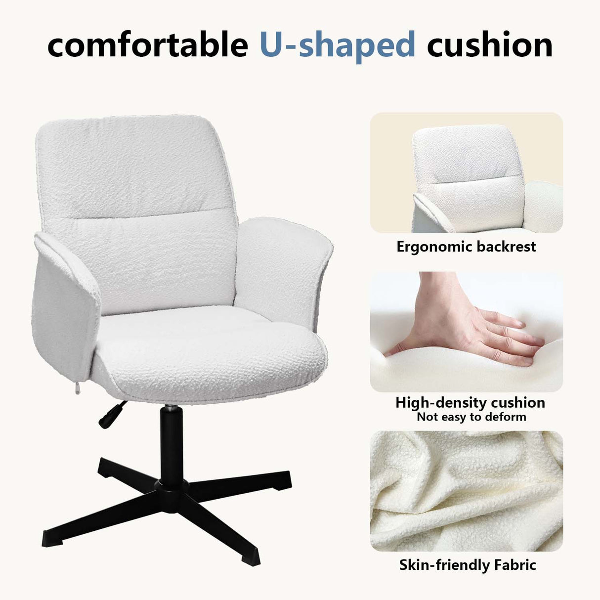 Fauteuil de bureau ergonomique pivotante en tissu bouclette blanc, hauteur réglable - THOMASINA