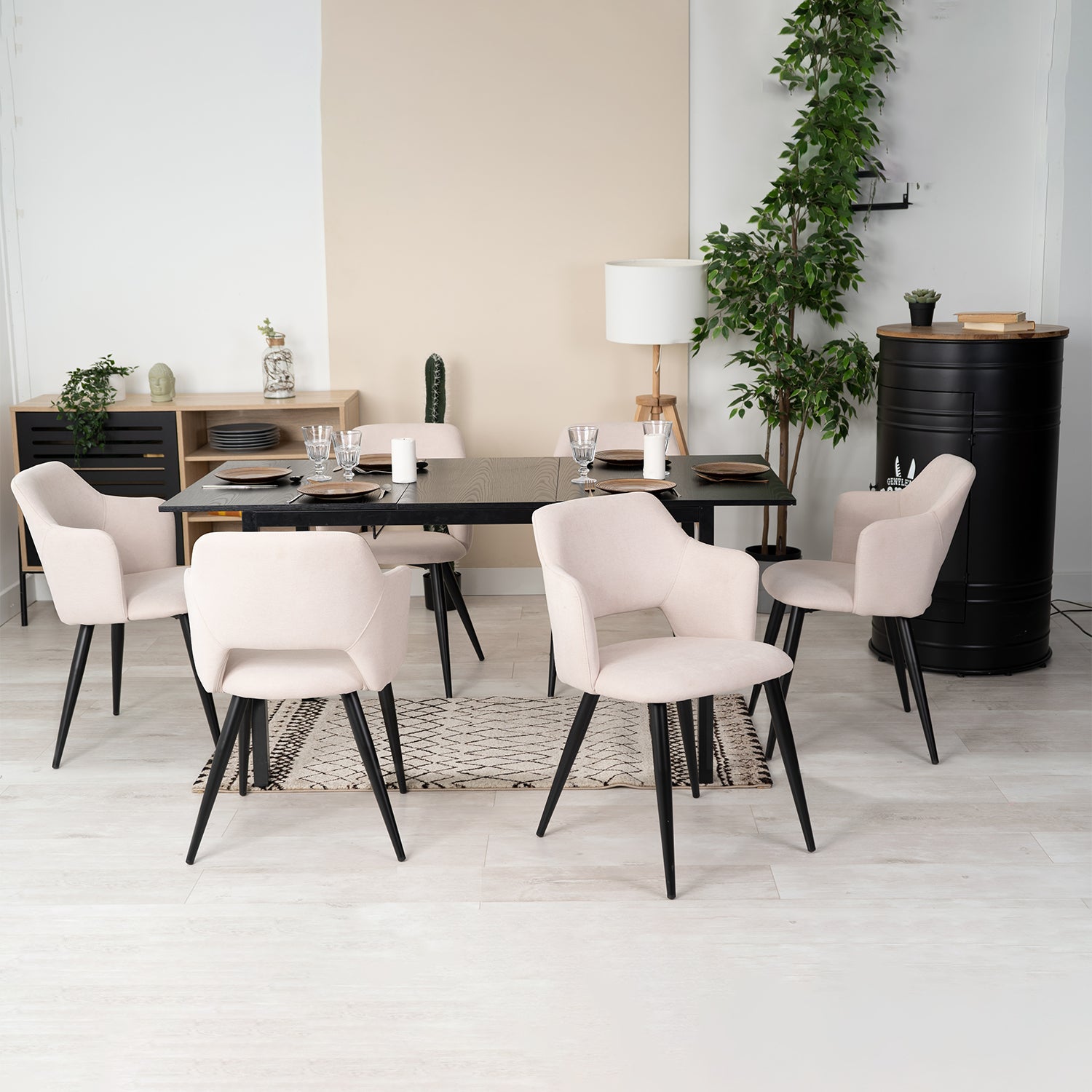 Set of 6 Scandinavian dining room chairs in beige fabric - AKANJI LIGHT BEIGE 6PCS