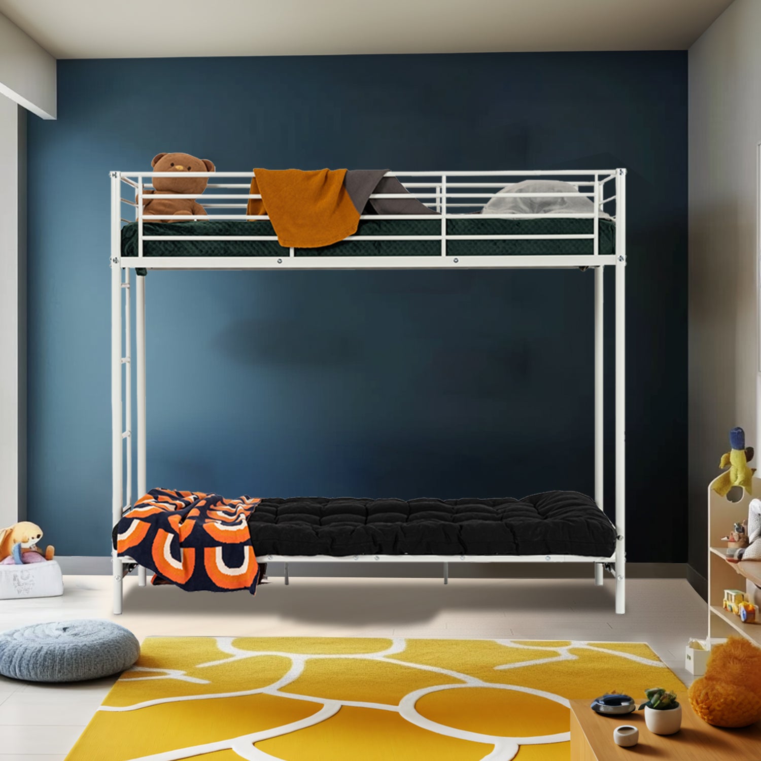 Bunk bed set 90x190cm with convertible bench in white metal, and 2 -seater foldable futon mattress - Liberty N Mica