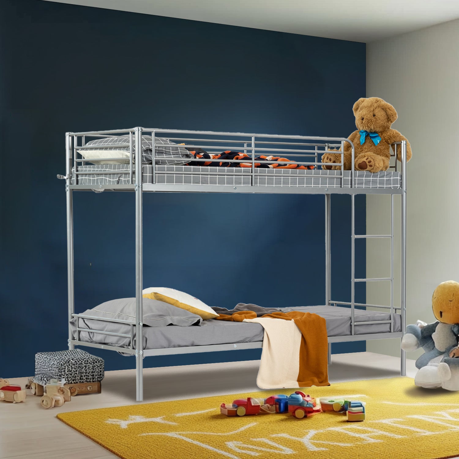 2-seater, 2-story bunk bed in silver metal with ladder 90x190cm (mattress not included) - TWIN