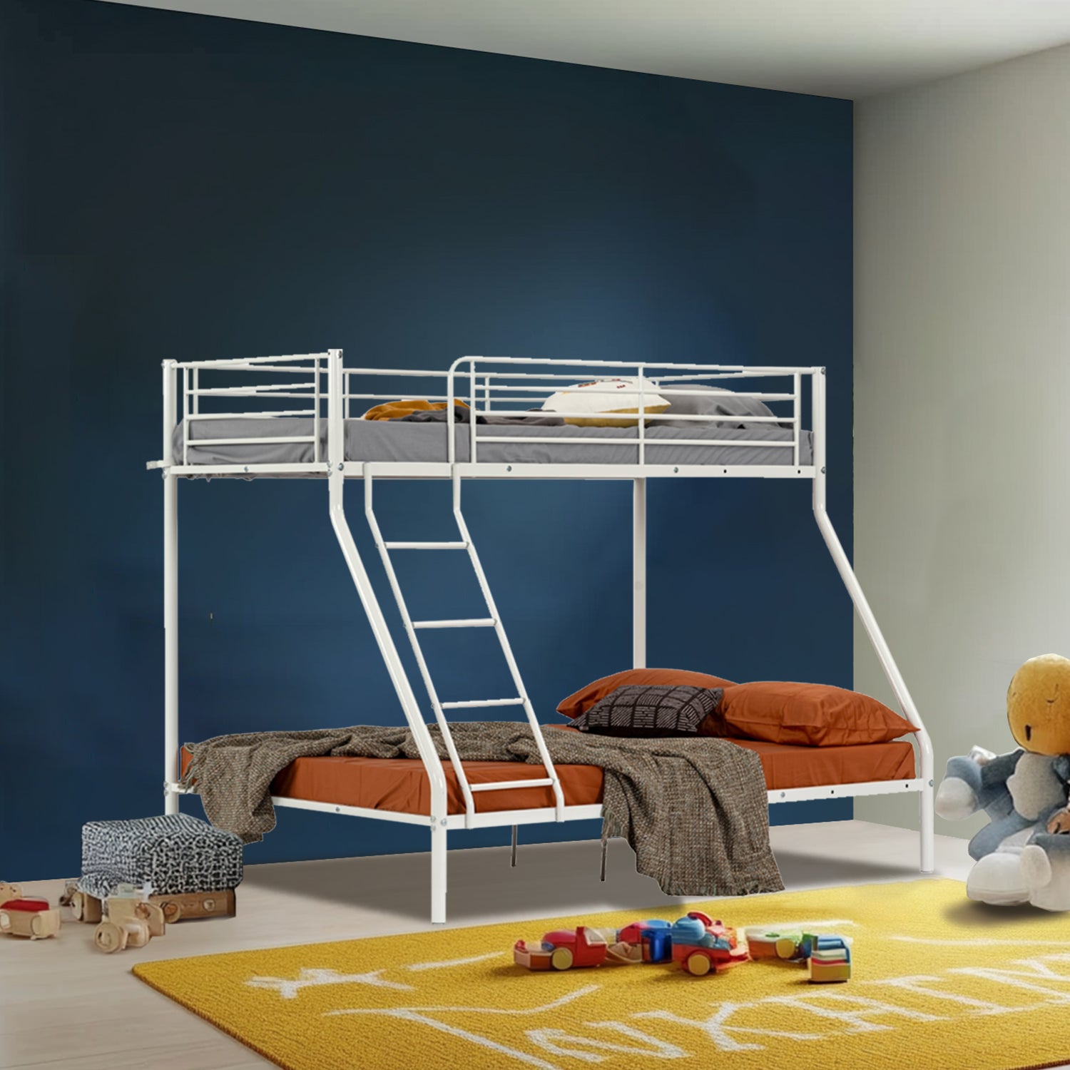 3-seater, 2-story bunk bed in white metal with ladder 140x190cm and 90x190cm (mattress not included) - JAZZ