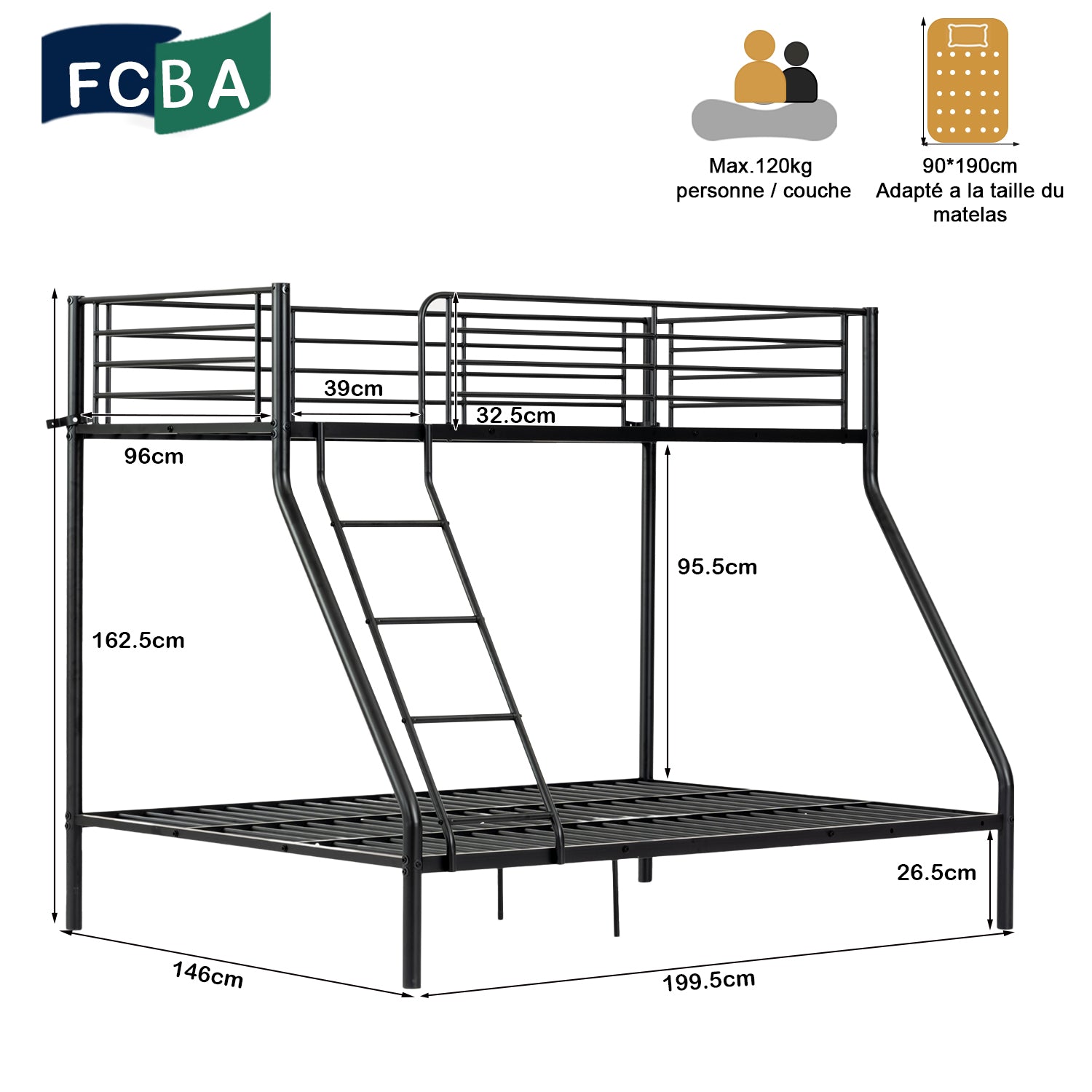 Lit superposé 3 places et 2 étages en métal noir avec échelle 140x190cm et 90x190cm (matelas non inclus) - JAZZ