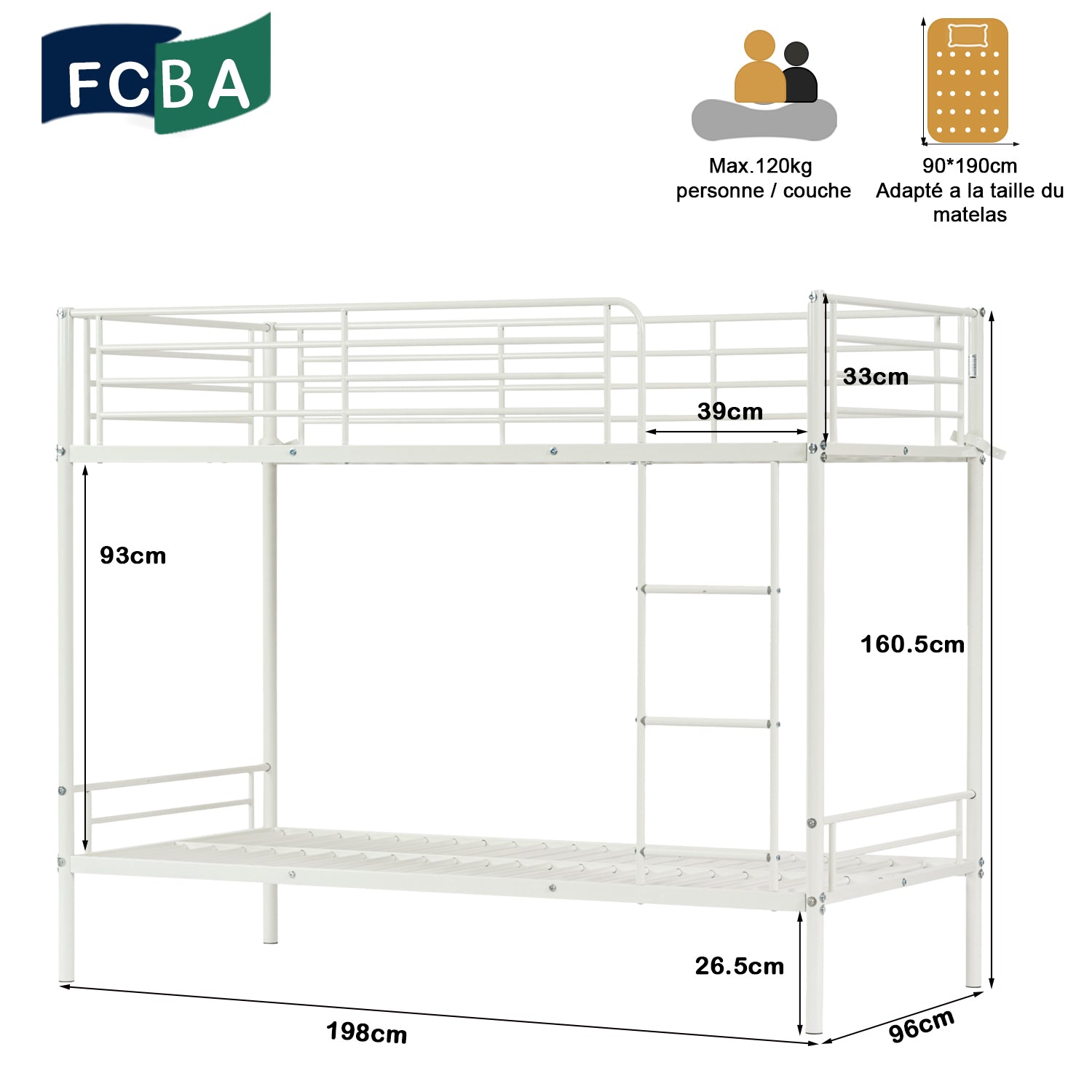 2-seater, 2-story bunk bed in white metal with ladder 90x190cm (mattress not included) - TWIN