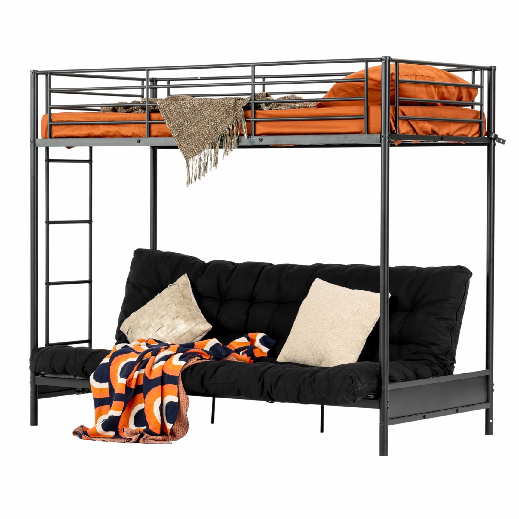 Lit superposé 90x190cm avec banquette convertible canapé et sommier à lattes en métal noir (matelas non inclus) - LIBERTY