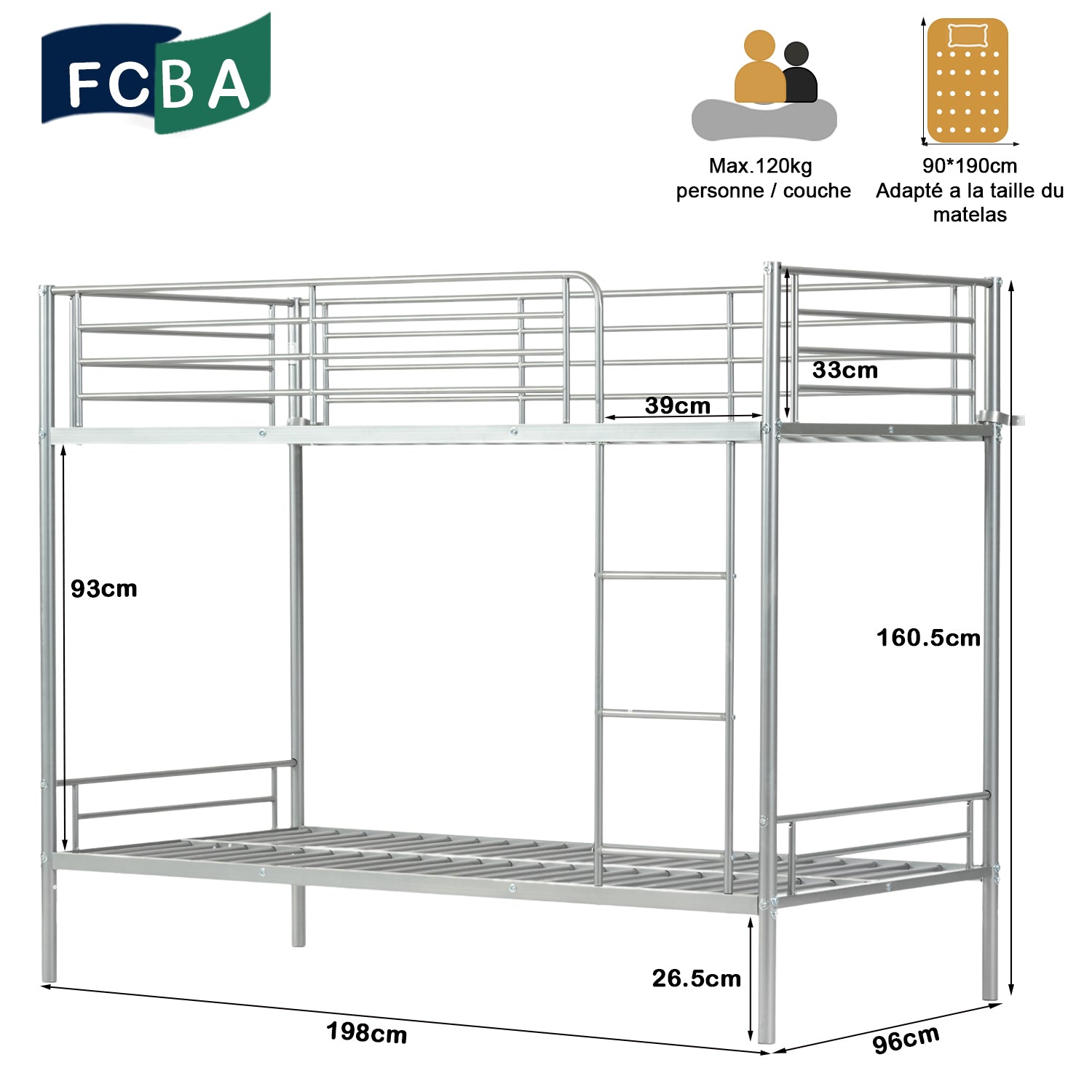 2-seater, 2-story bunk bed in silver metal with ladder 90x190cm (mattress not included) - TWIN