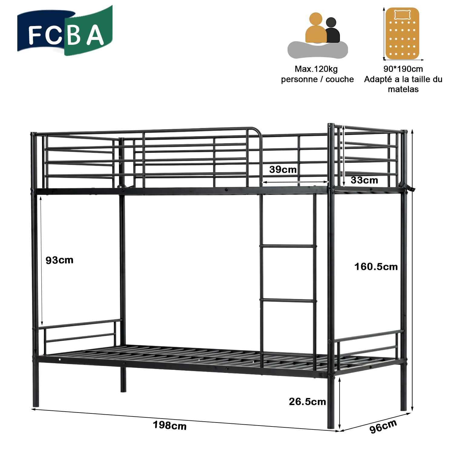 2-seater, 2-story bunk bed in black metal with ladder 90x190cm (mattress not included) - TWIN