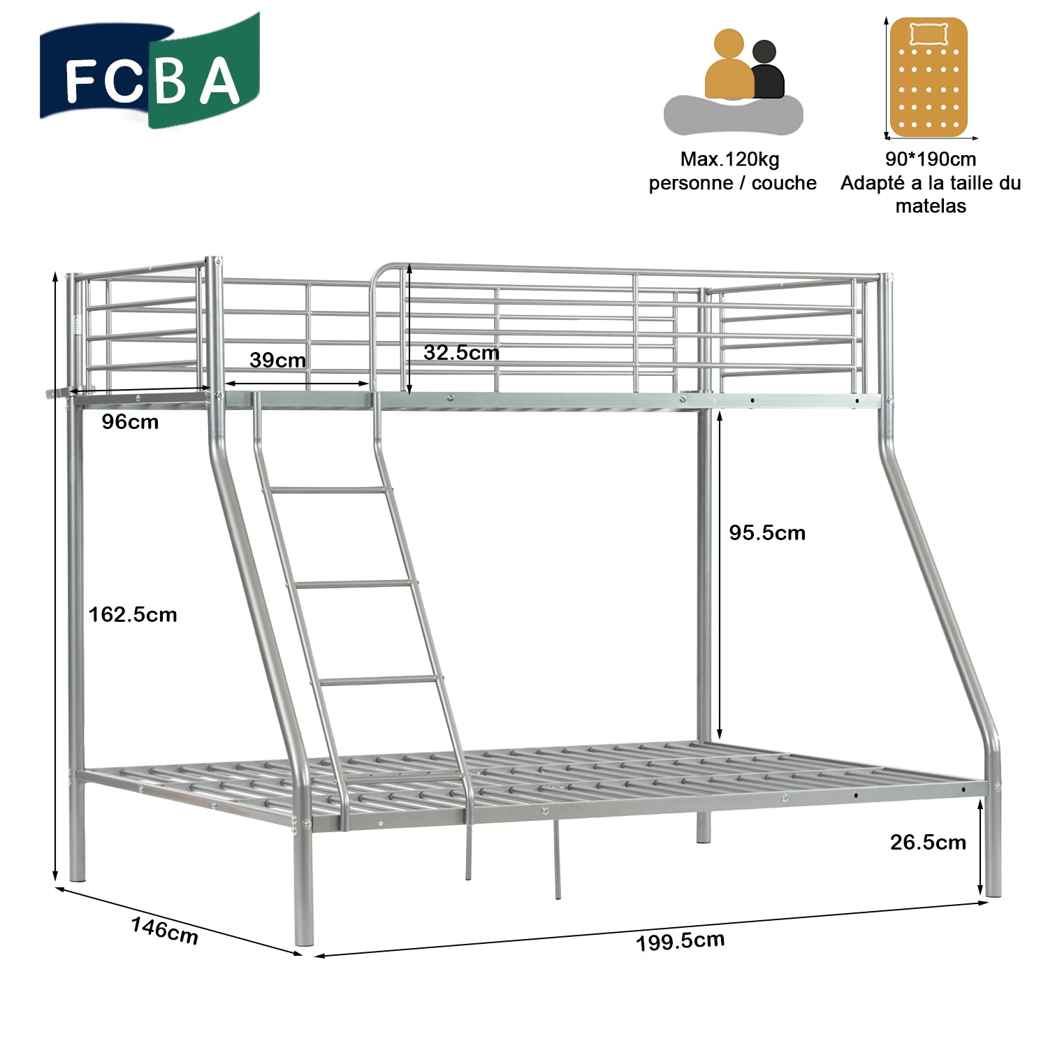 Lit superposé 3 places et 2 étages en métal argenté avec échelle 140x190cm et 90x190cm (matelas non inclus) - JAZZ