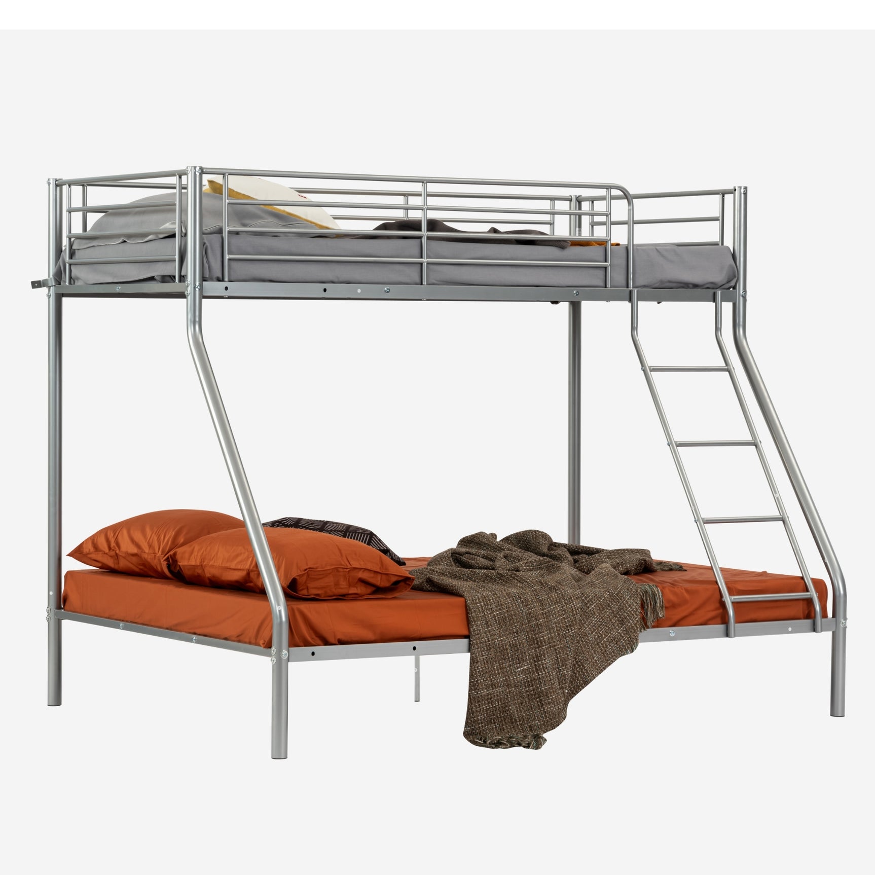 3-seater, 2-story bunk bed in silver metal with ladder 140x190cm and 90x190cm (mattress not included) - JAZZ