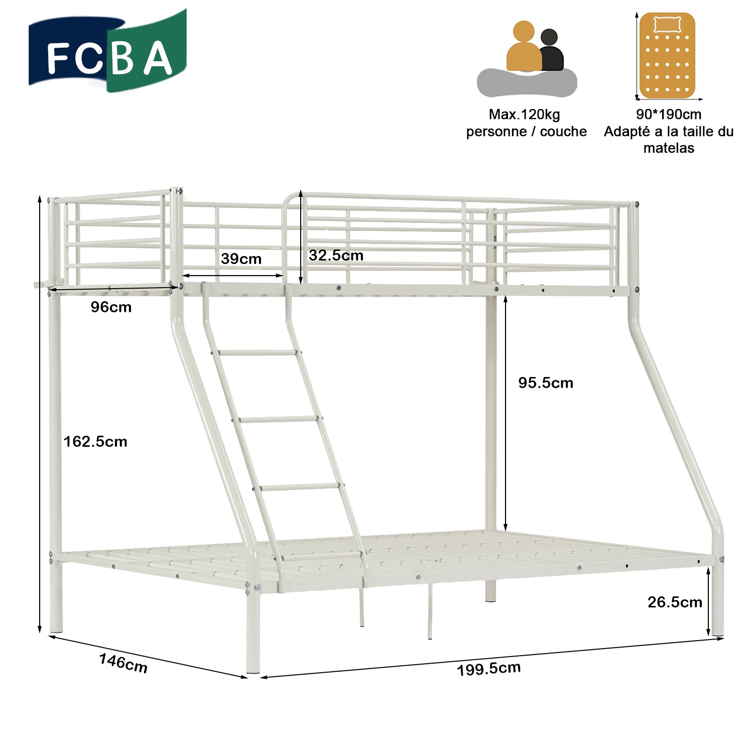 3-seater, 2-story bunk bed in white metal with ladder 140x190cm and 90x190cm (mattress not included) - JAZZ