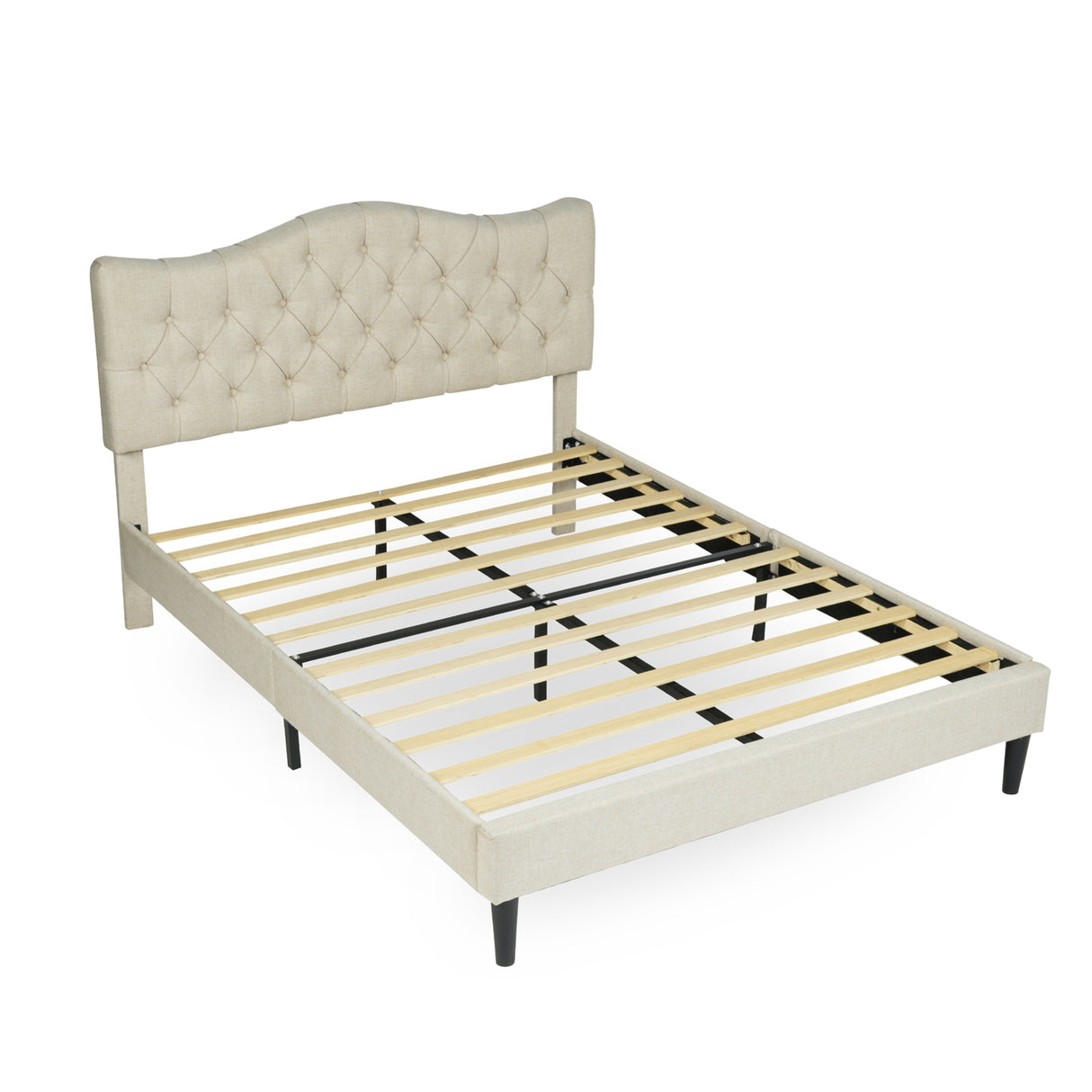 Double bed (140 x 190cm) with padded headboard in beige fabric, poplar slatted base, (mattress not included) - LEON 140 BEIGE