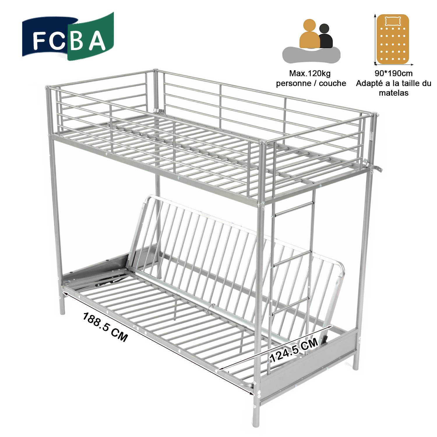 90x190cm bunk bed set with silver metal convertible bench, and 2-seater foldable futon mattress - LIBERTY N MICA