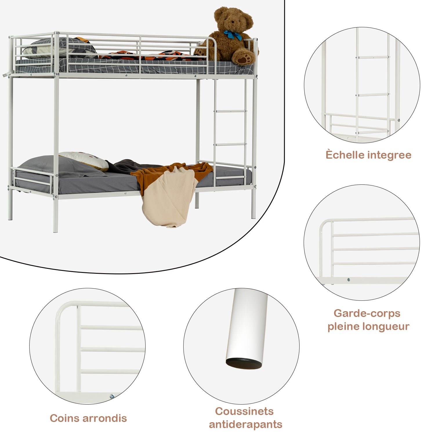 2-seater, 2-story bunk bed in white metal with ladder 90x190cm (mattress not included) - TWIN