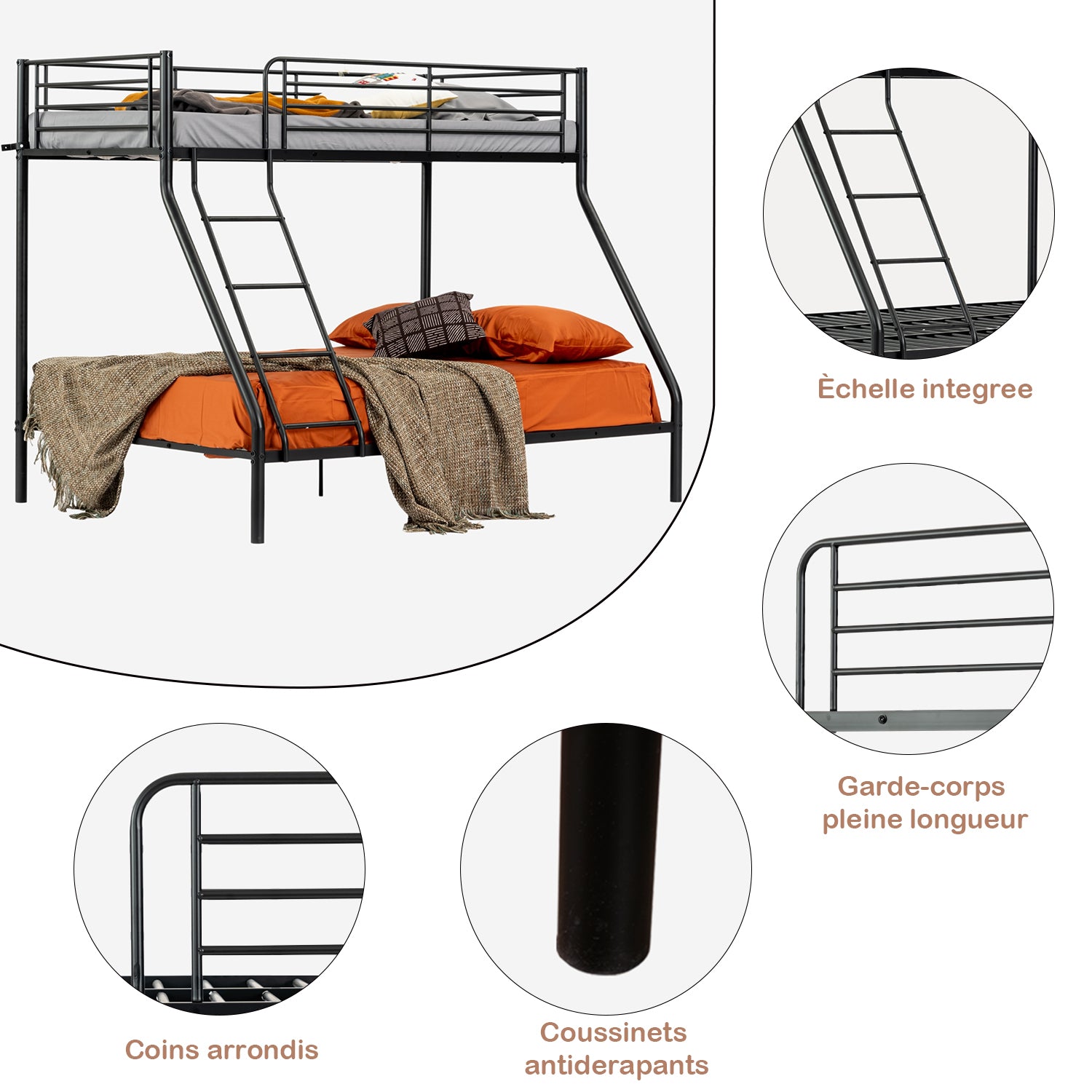 3-seater and 2-story bunk bed in black metal with ladder 140x190cm and 90x190cm (mattress not included) - JAZZ