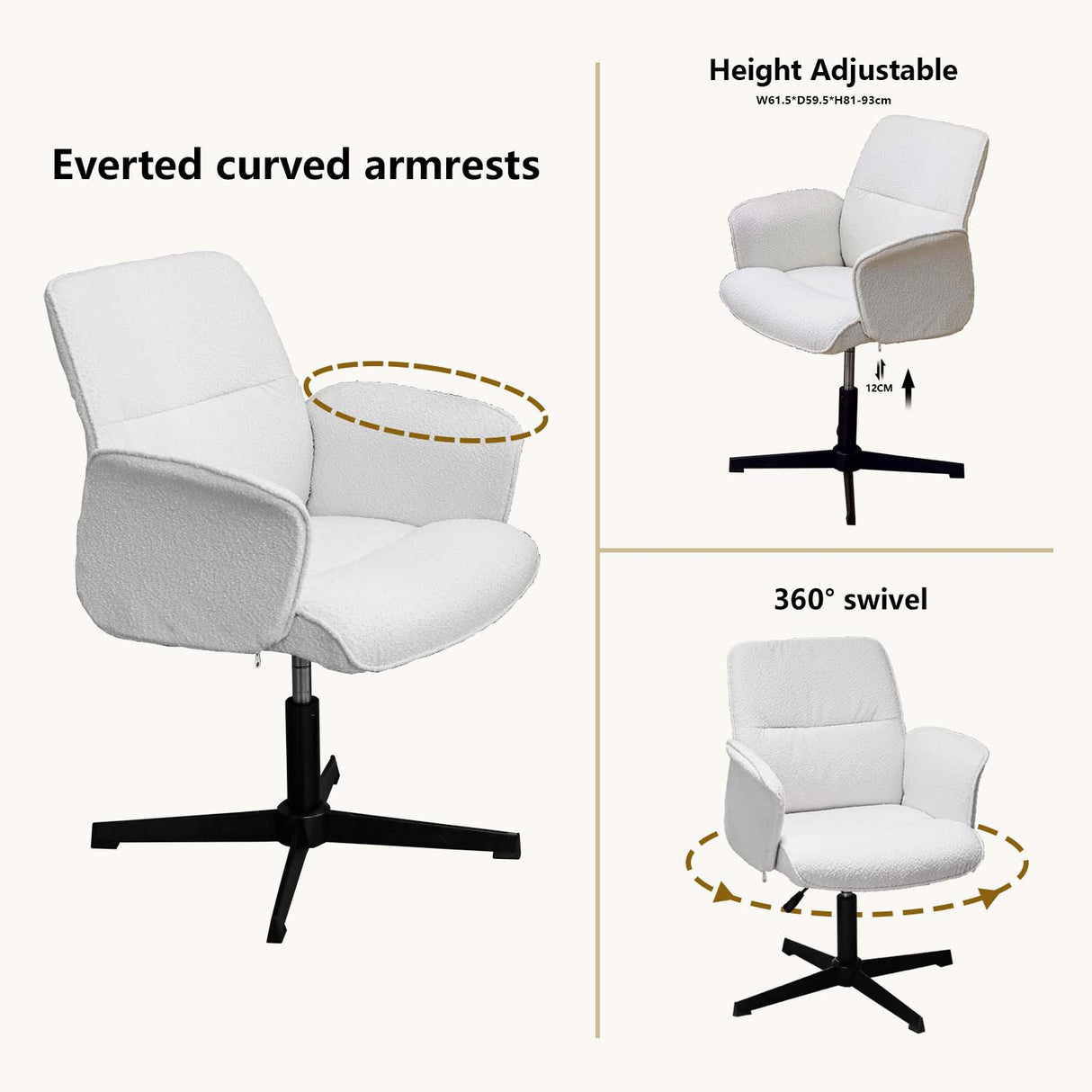 Fauteuil de bureau ergonomique pivotante en tissu bouclette blanc, hauteur réglable - THOMASINA