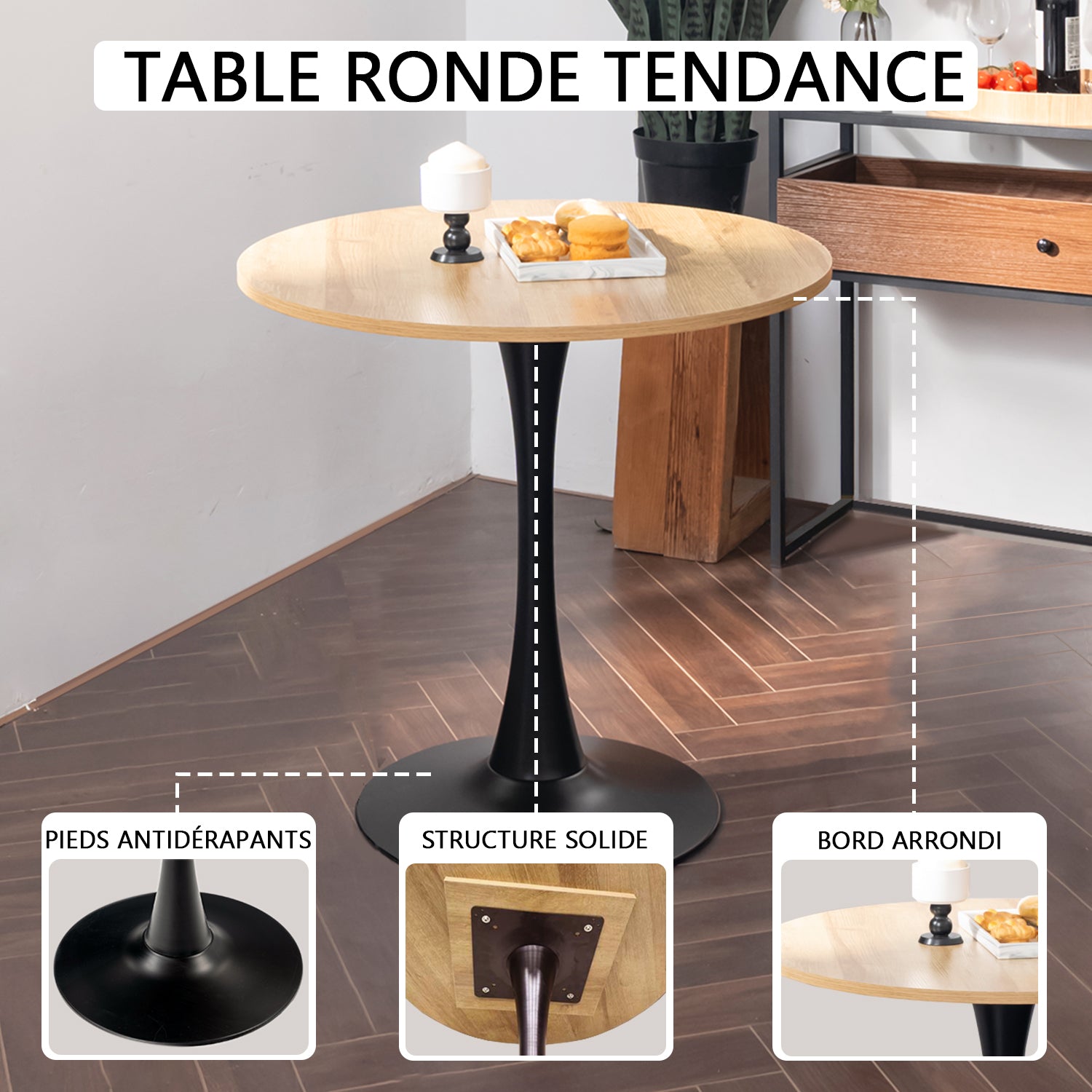 Table salle à manger ronde vintage 2-4 personnes en chêne et métal noir - CLIFT