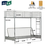 90x190cm bunk bed set with silver metal convertible bench, and 2-seater foldable futon mattress - LIBERTY N MICA