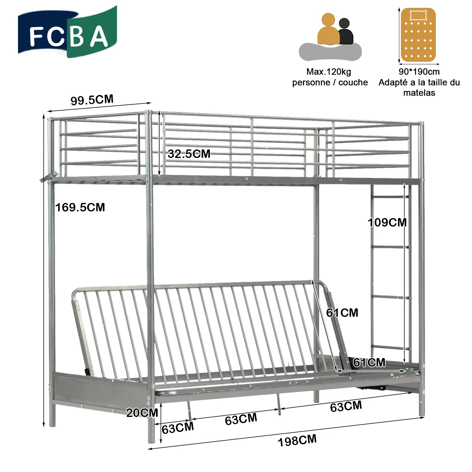 90x190cm bunk bed with convertible sofa bench and silver metal slatted base (mattress not included) - LIBERTY