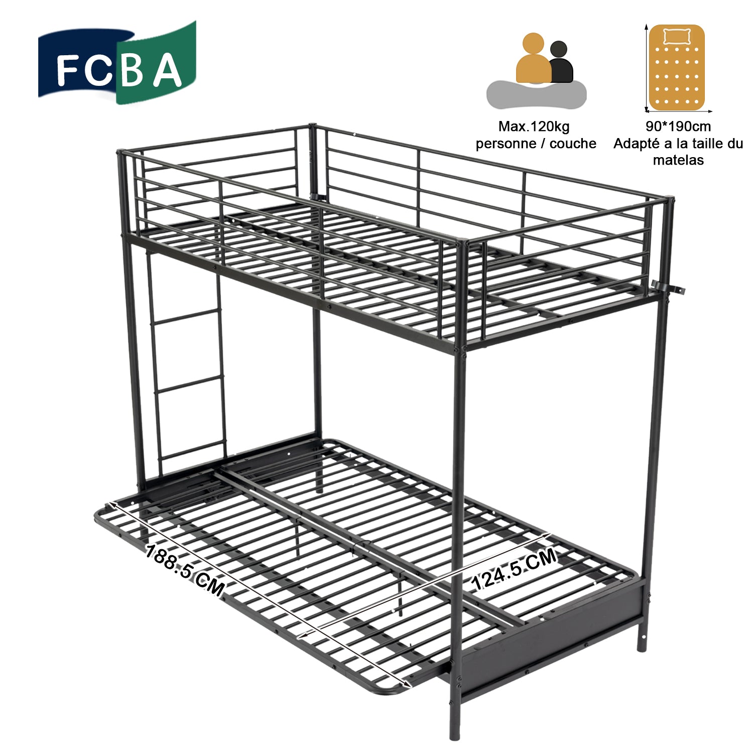 90x190cm bunk bed with convertible sofa bench and black metal slatted base (mattress not included) - LIBERTY