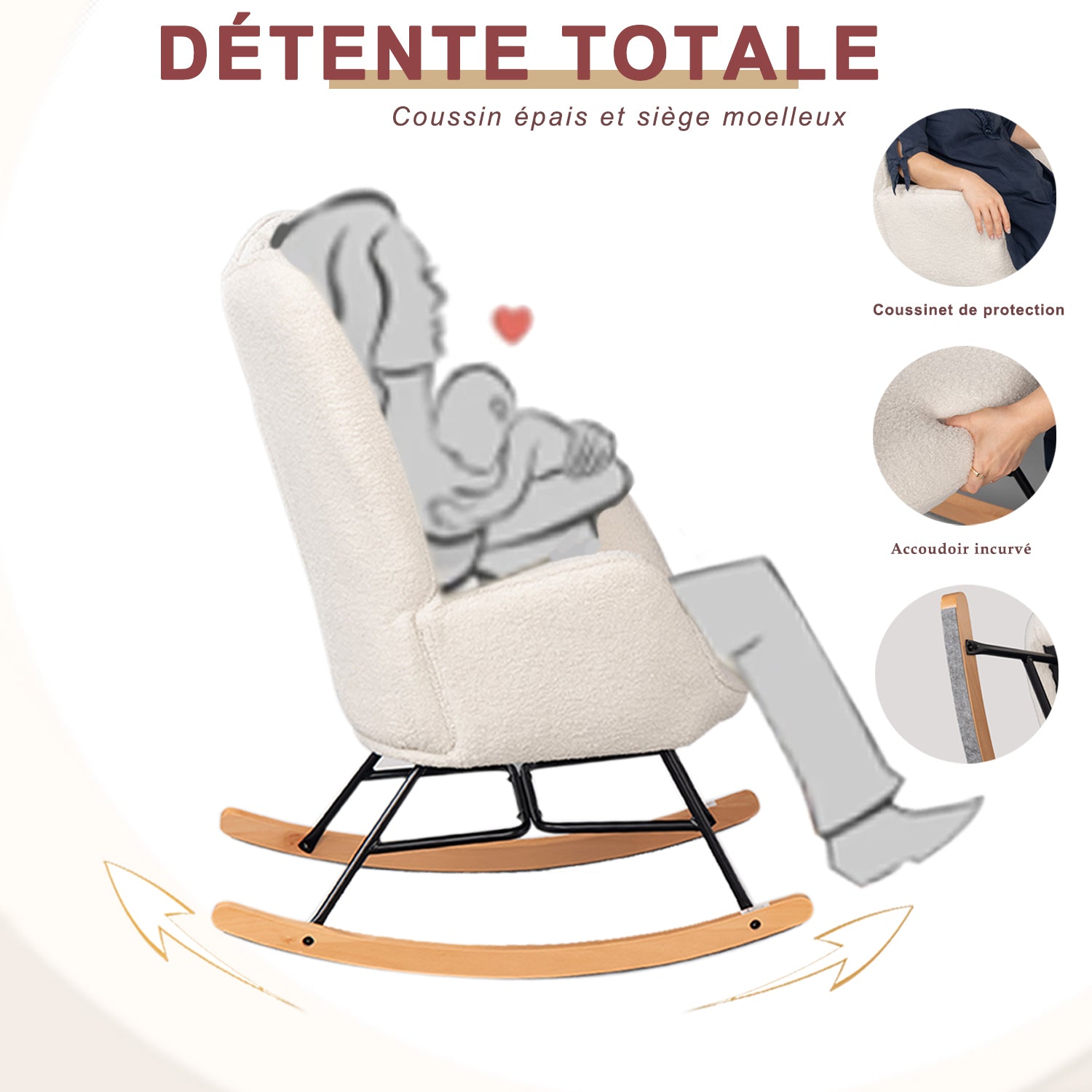 Sedia a dondolo da allattamento scandinava con braccioli in tessuto di pelle di pecora beige con cuciture - FUNKEL