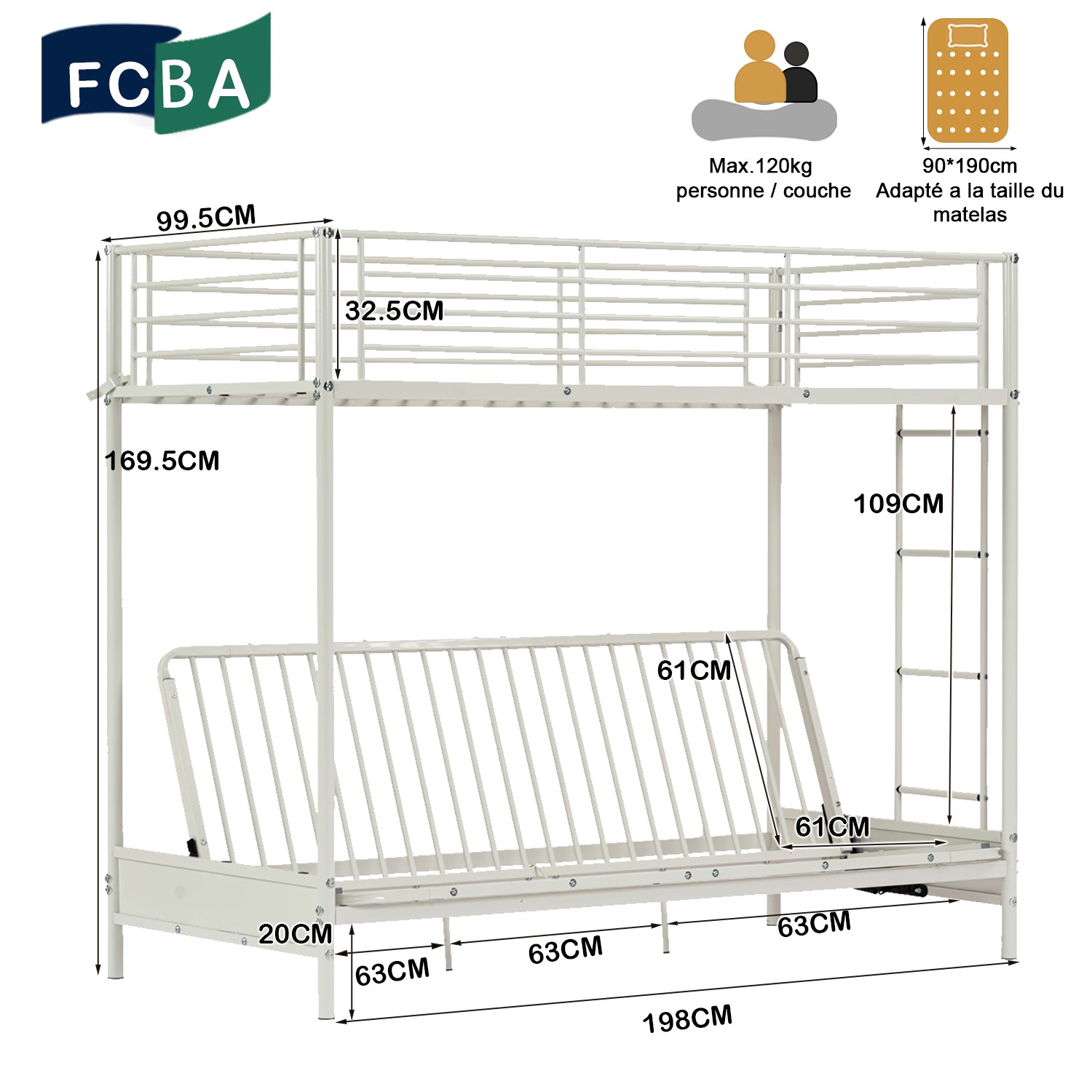 90x190cm bunk bed with convertible sofa bench and white metal slatted base (mattress not included) - LIBERTY