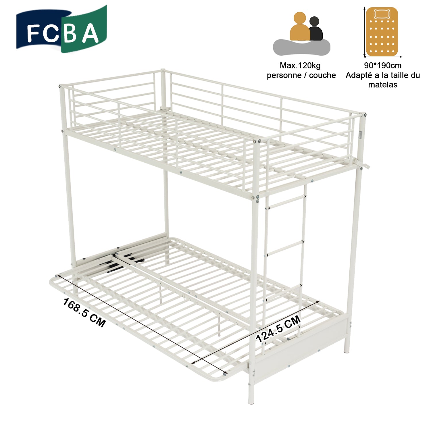 Bunk bed set 90x190cm with convertible bench in white metal, and 2 -seater foldable futon mattress - Liberty N Mica