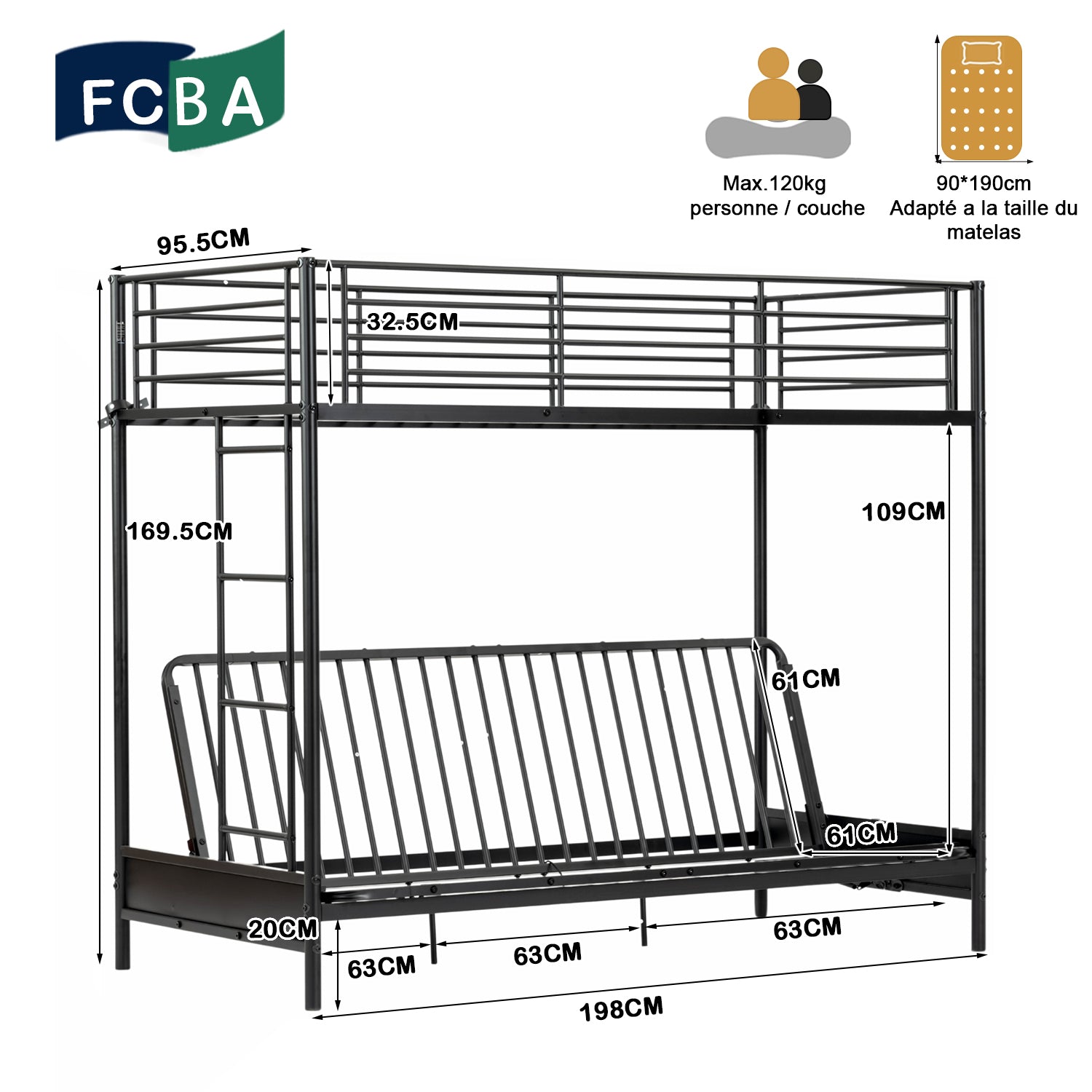 90x190cm bunk bed with convertible sofa bench and black metal slatted base (mattress not included) - LIBERTY