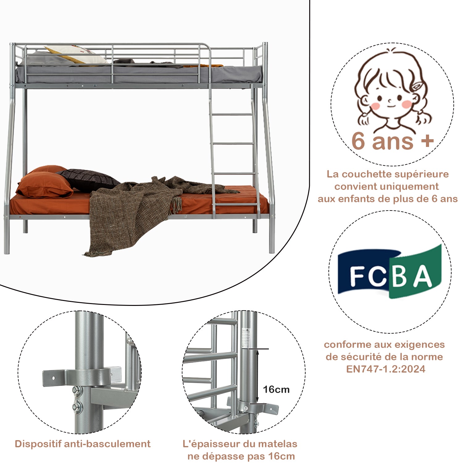 Litera de 3 plazas de 2 plantas en metal plateado con escalera 140x190cm y 90x190cm (colchón no incluido) - JAZZ