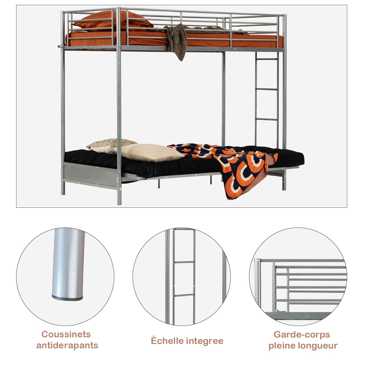 90x190cm bunk bed set with silver metal convertible bench, and 2-seater foldable futon mattress - LIBERTY N MICA