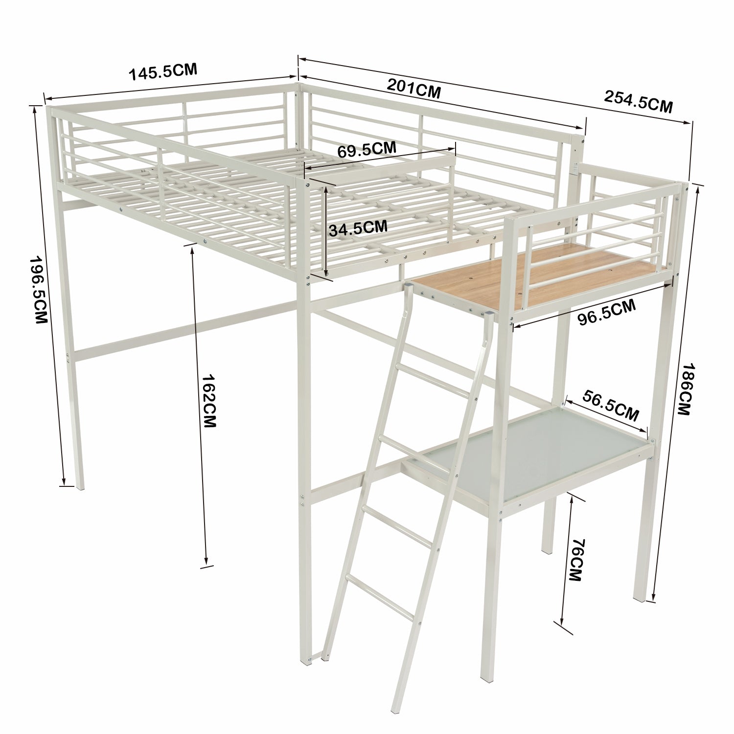 2-seater mezzanine bed in white metal with integrated desk, 140x190cm bed (mattress not included) - LIONEL