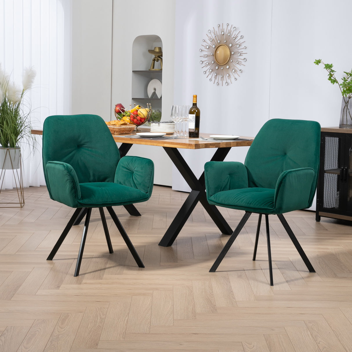 Set of 4 comfortable dining room chairs in beige and green fabric with armrests - CALF GREEN+BEIGE