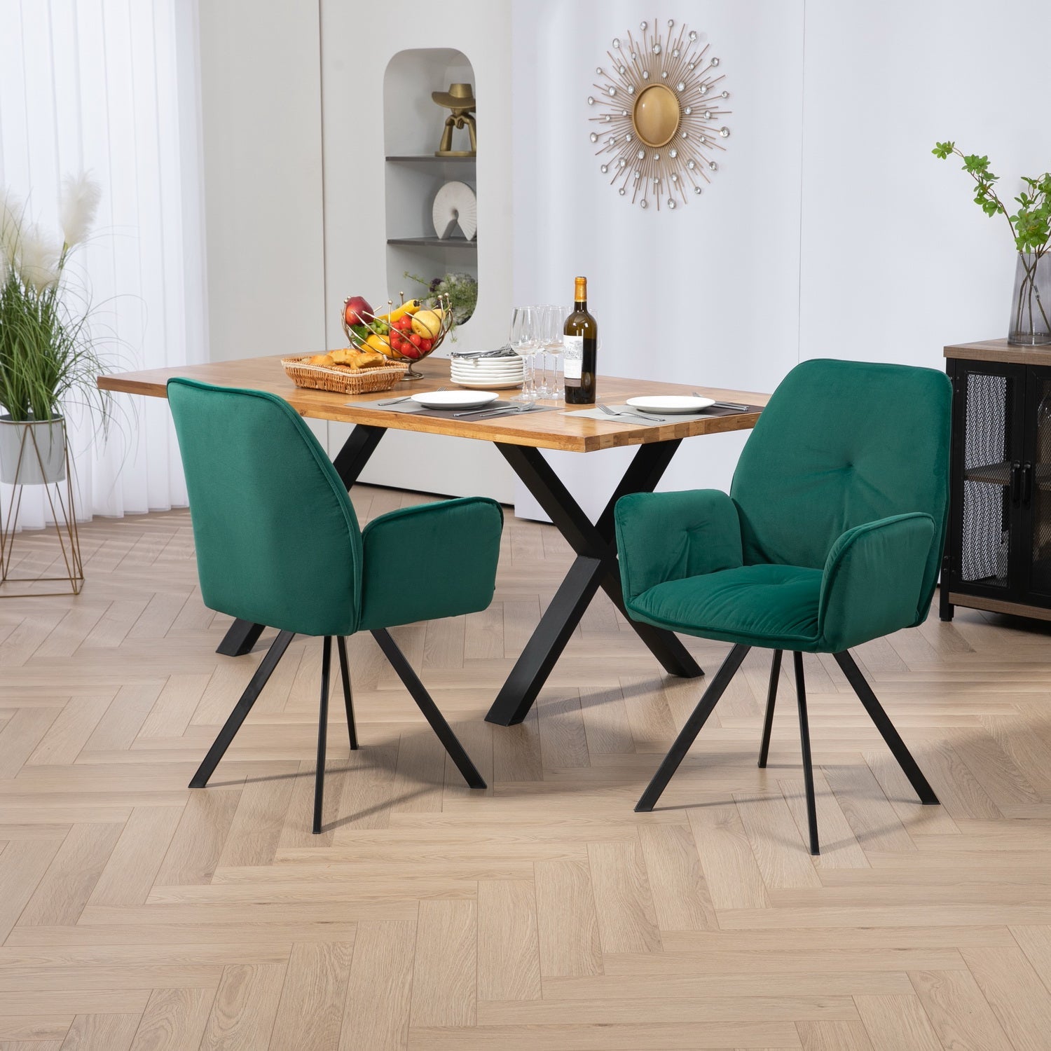 Juego de 4 cómodas sillas de comedor de tela verde con reposabrazos - CALF GREEN 4PCS