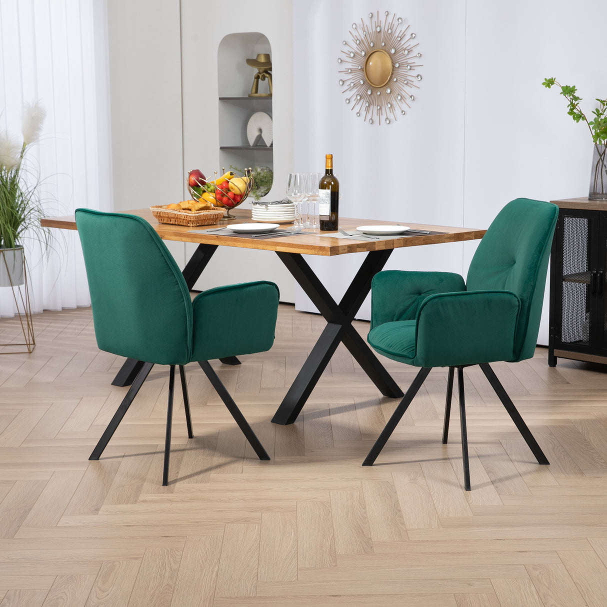 Juego de 2 cómodas sillas de comedor de tela verde con reposabrazos - CALF GREEN