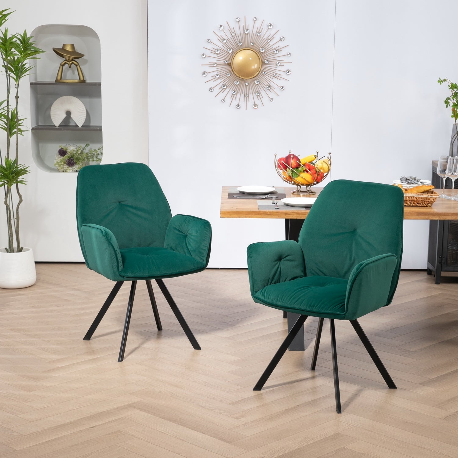 Set of 6 Comfortable Green Fabric Dining Chairs with Armrests - CALF GREEN 6PCS