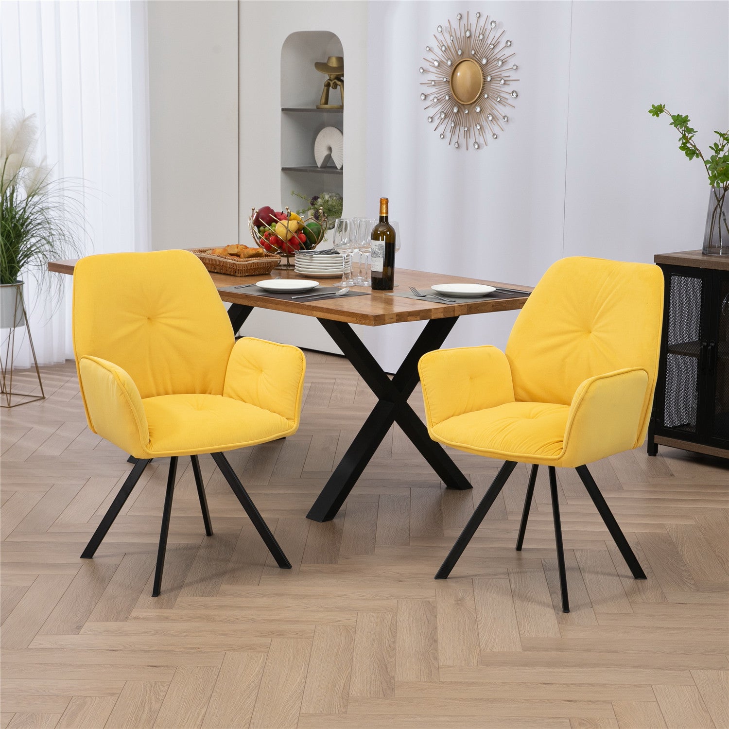 Set of 4 comfortable dining room chairs in beige and yellow fabric with armrests - CALF YELLOW+BEIGE