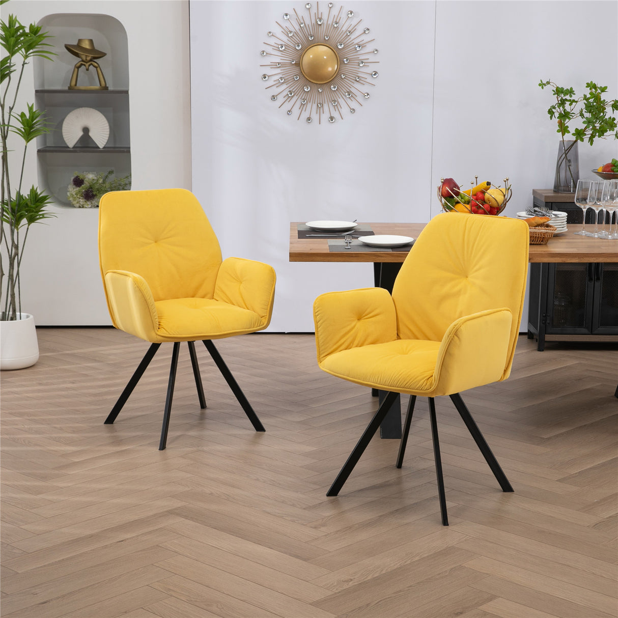 Set di 2 comode sedie da pranzo in tessuto giallo con braccioli - CALF YELLOW