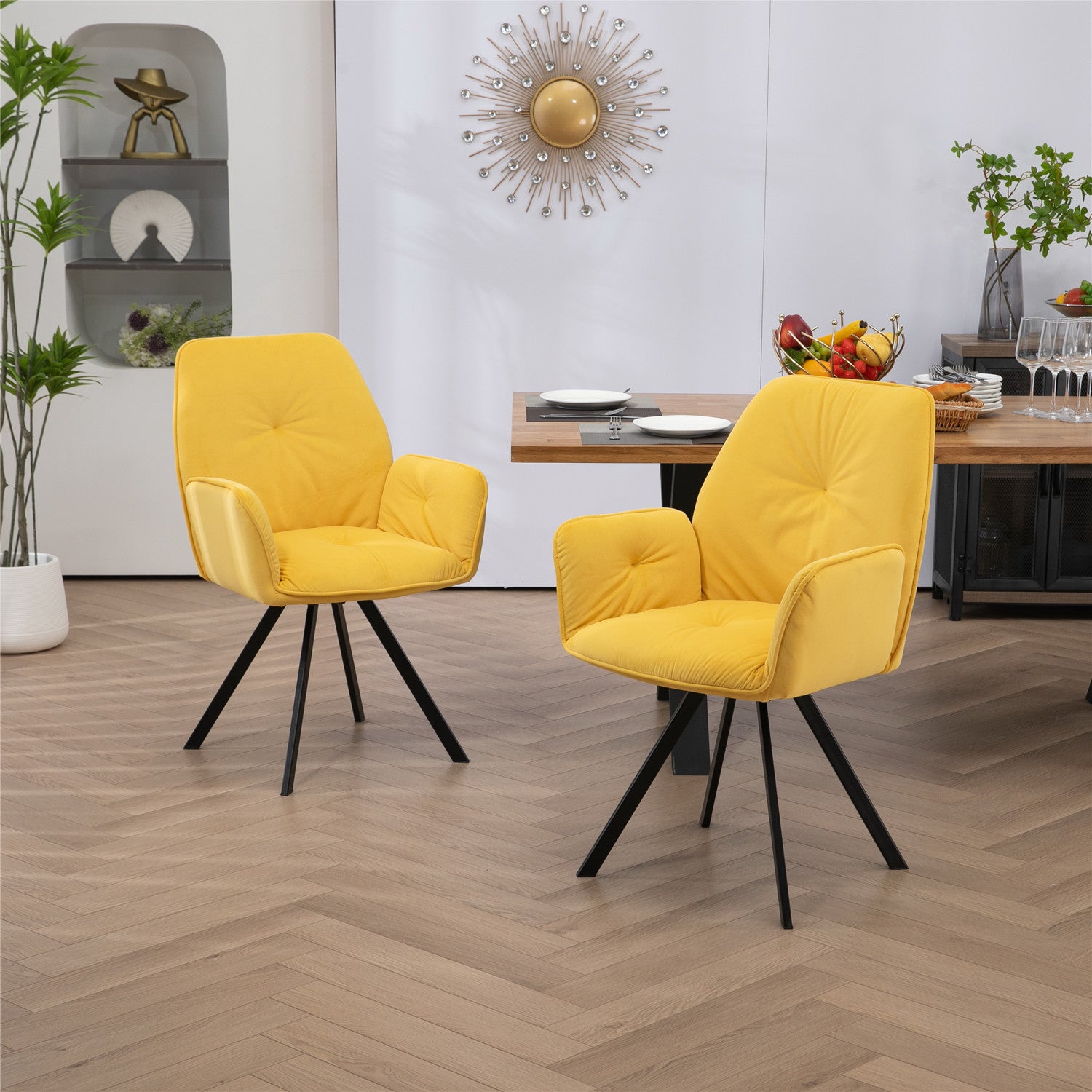 Set of 2 comfortable yellow fabric dining chairs with armrests - CALF YELLOW