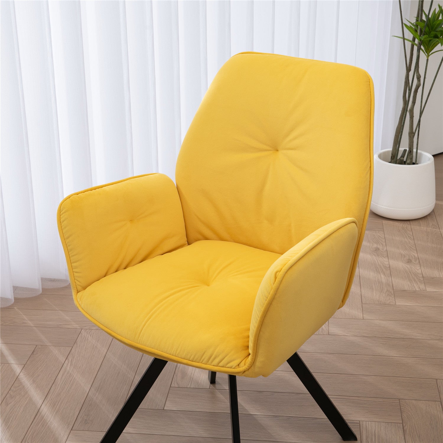 Set of 2 comfortable yellow fabric dining chairs with armrests - CALF YELLOW