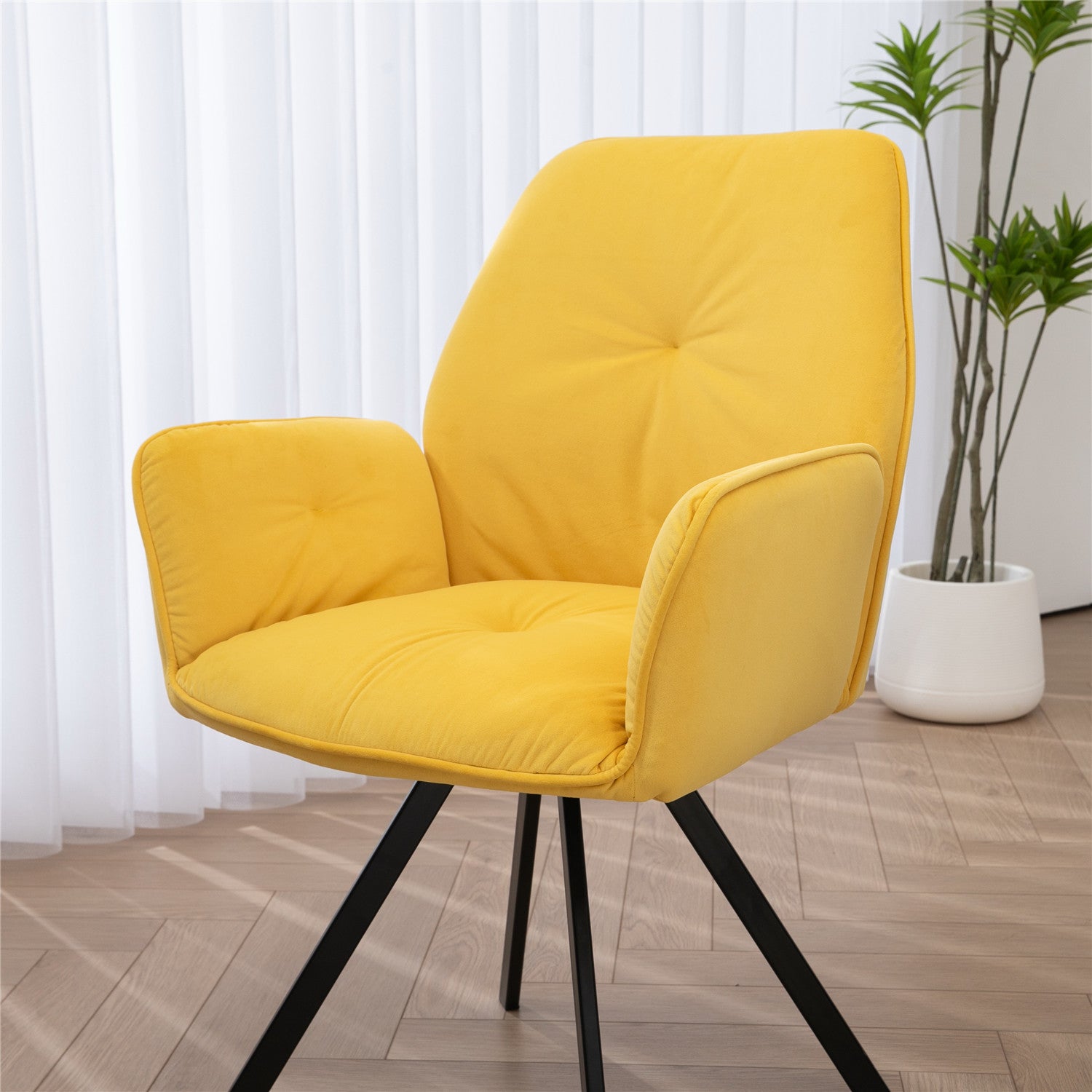 Set of 4 comfortable yellow fabric and suede dining chairs with armrests - CALF SUEDE+YELLOW