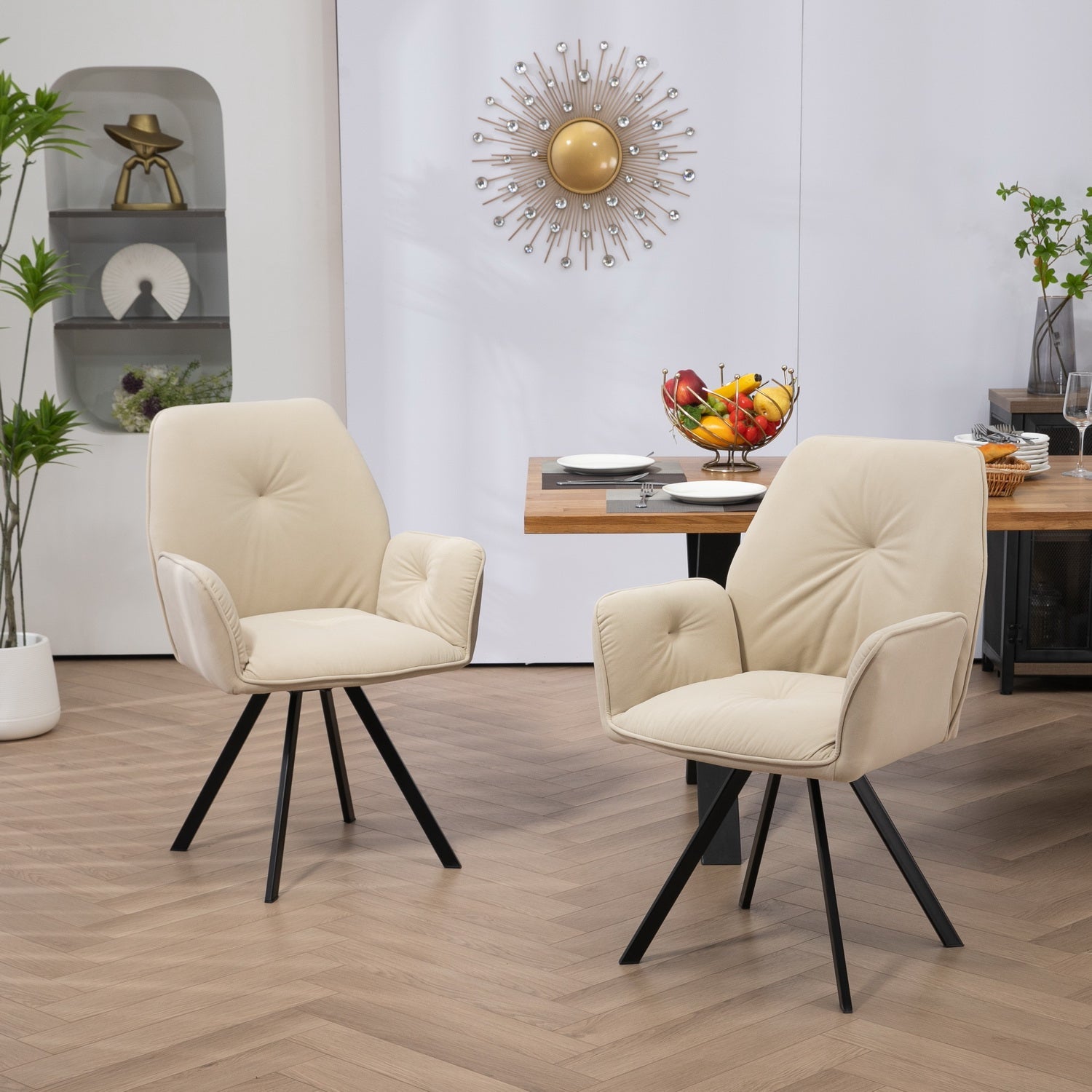 Set of 4 comfortable dining room chairs in beige and yellow fabric with armrests - CALF YELLOW+BEIGE