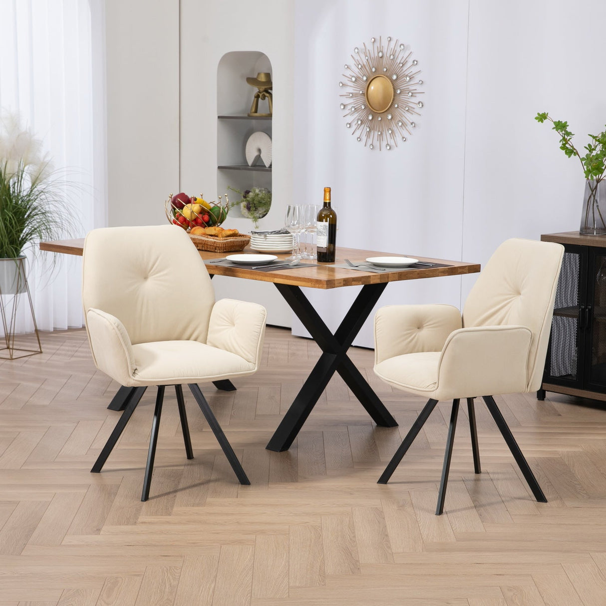 Juego de 4 Cómodas Sillas de Comedor de Tela Beige con Reposabrazos - CALF BEIGE 4PCS