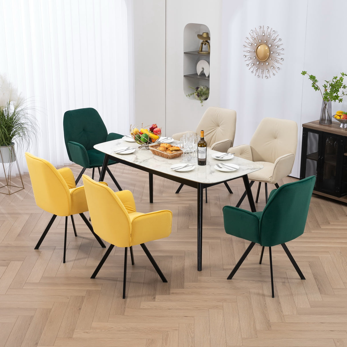 Ensemble de 4 chaises de salle à manger confortables en tissu beige et vert avec accoudoirs - CALF GREEN+BEIGE