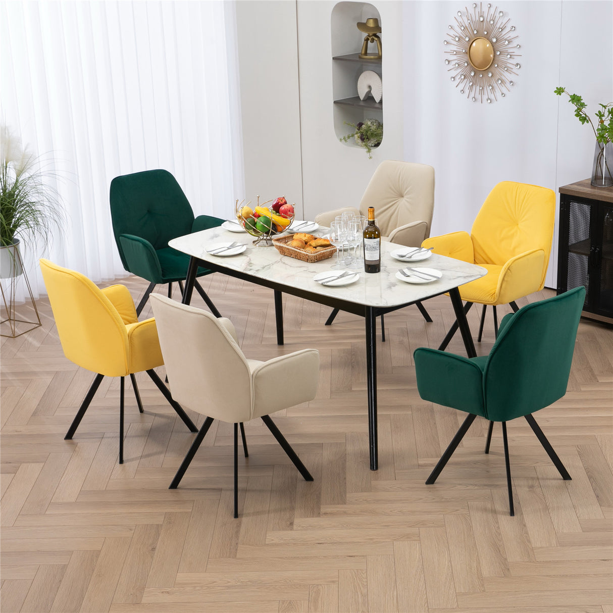 Lot de 4 chaises de salle à manger confortables en tissu jaune avec accoudoirs - CALF YELLOW 4PCS