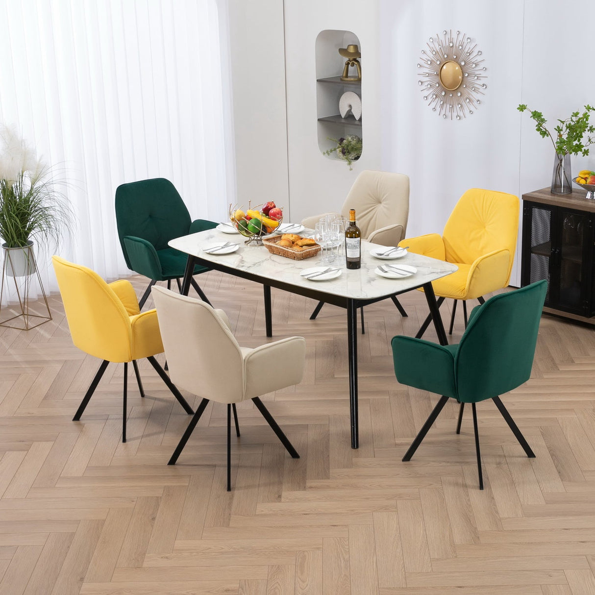 Set of 4 comfortable dining room chairs in beige and yellow fabric with armrests - CALF YELLOW+BEIGE