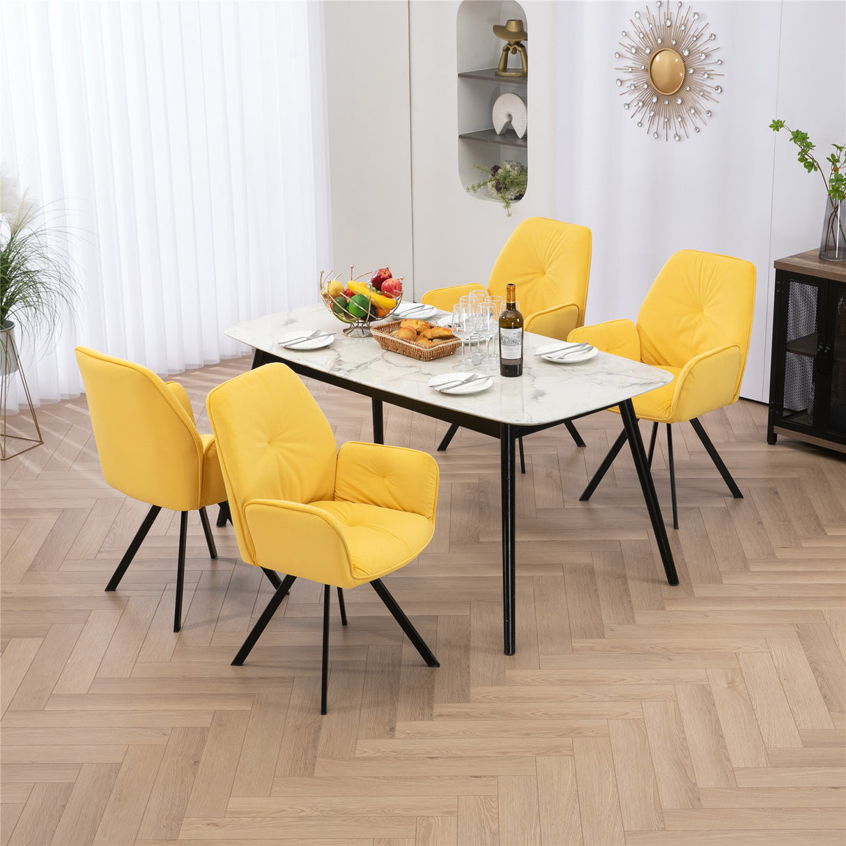 Lot de 4 chaises de salle à manger confortables en tissu jaune avec accoudoirs - CALF YELLOW 4PCS