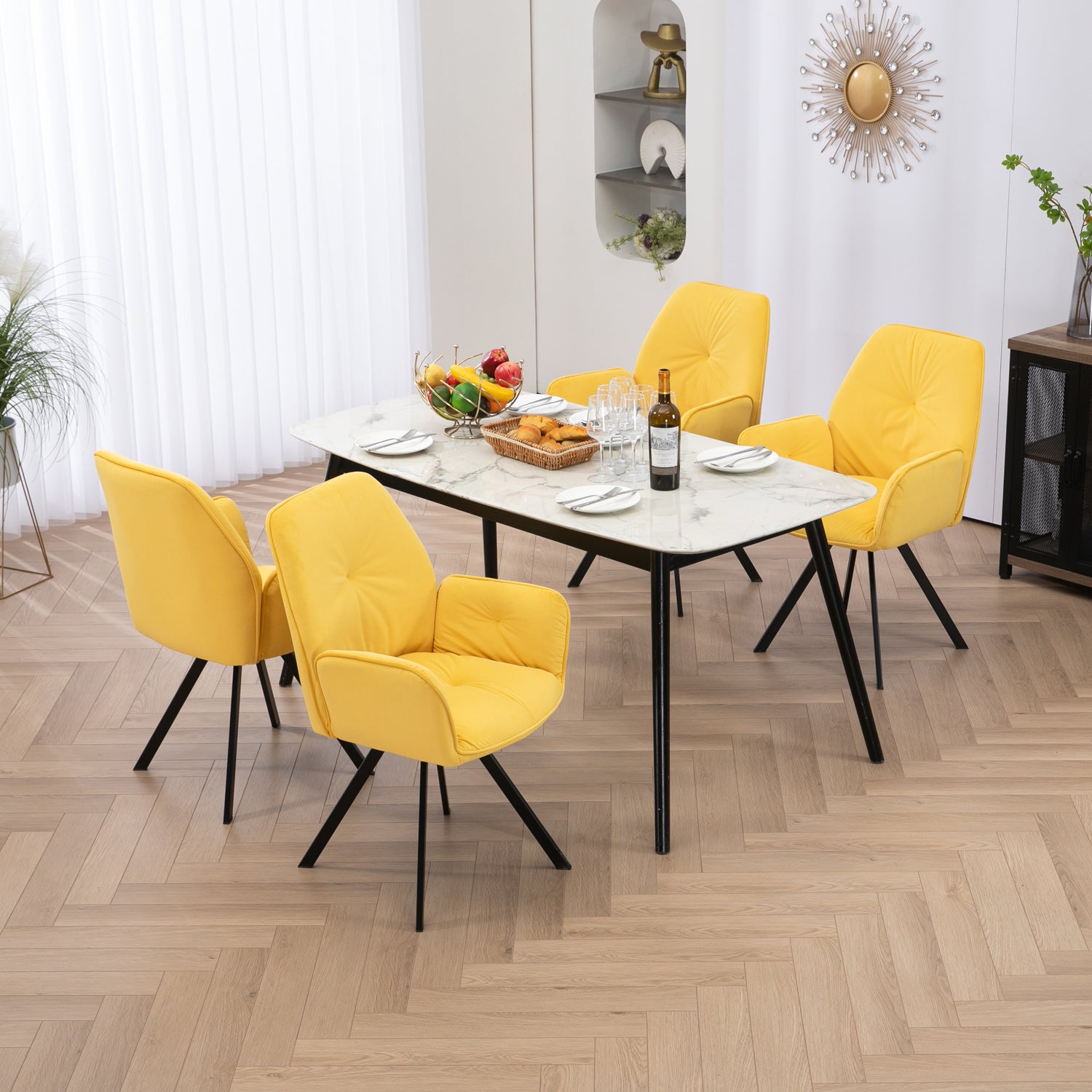 Set of 2 comfortable yellow fabric dining chairs with armrests - CALF YELLOW